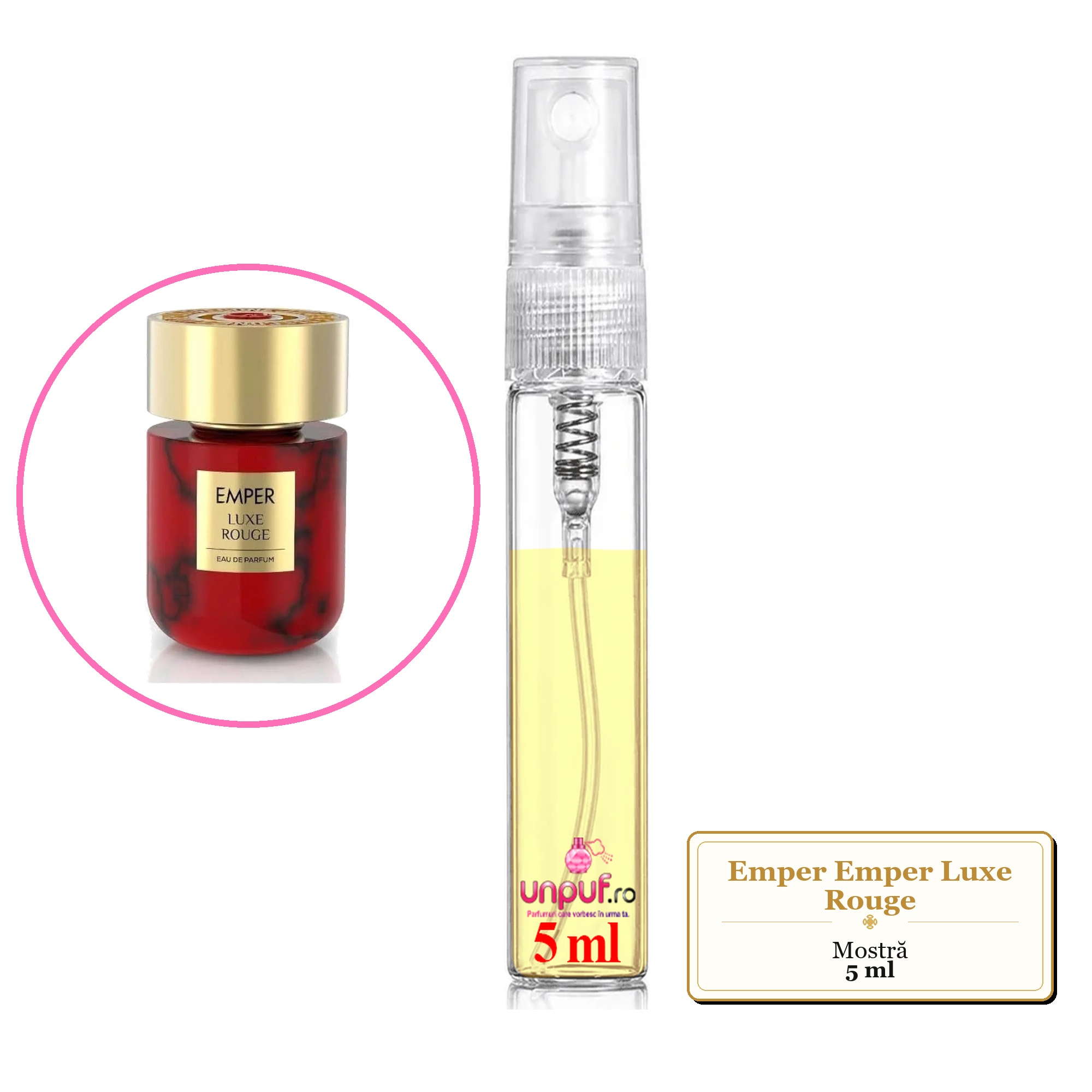 Mostra fiola din Parfumul Emper Emper Luxe Rouge, decant sticla cu pulverizator