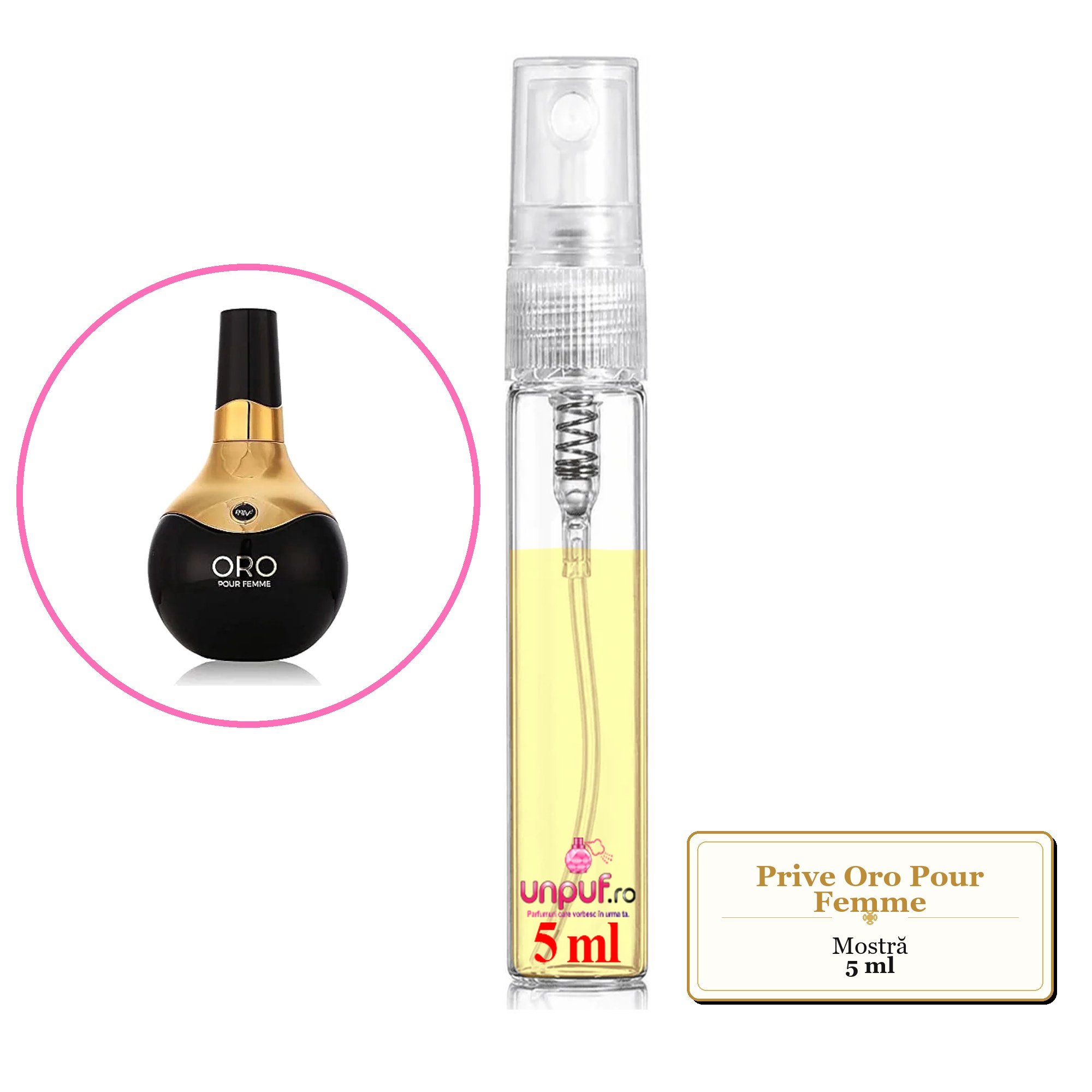 Mostra fiola din Parfumul Prive Oro Pour Femme, decant sticla cu pulverizator 