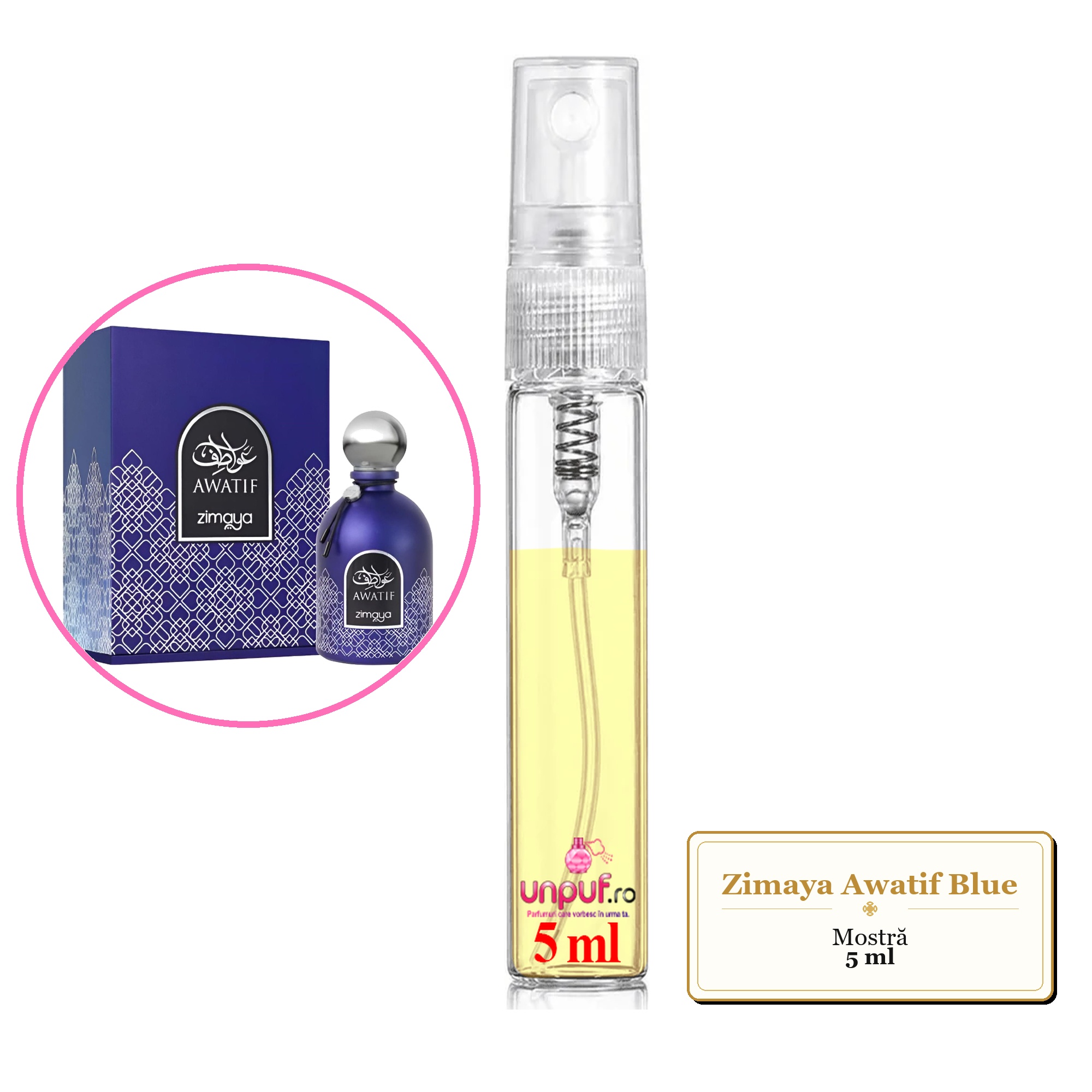 Mostra fiola din Parfumul Zimaya Awatif Blue, decant sticla cu pulverizator
