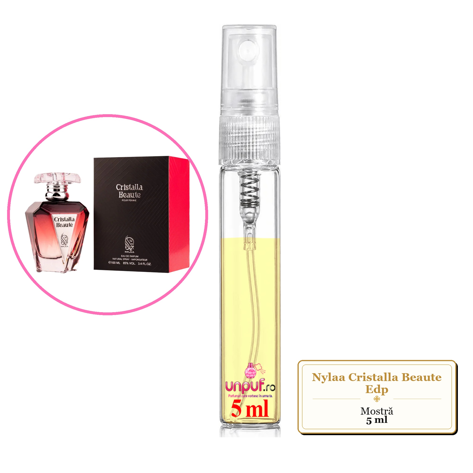 Mostra fiola din Parfumul Nylaa Cristalla Beaute Edp, decant sticla cu pulverizator