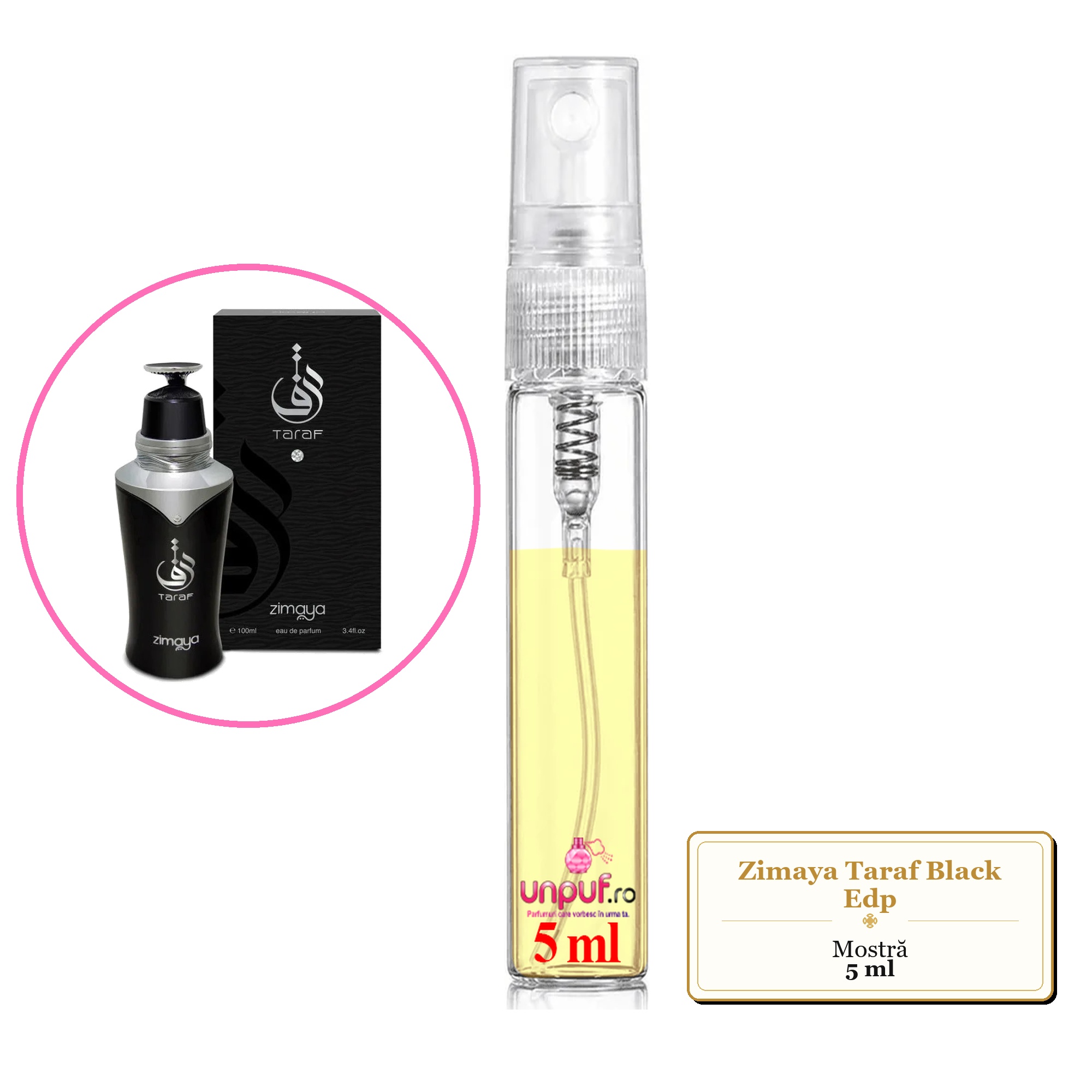 Mostra fiola din Parfumul Zimaya Taraf Black Edp, decant sticla cu pulverizator 