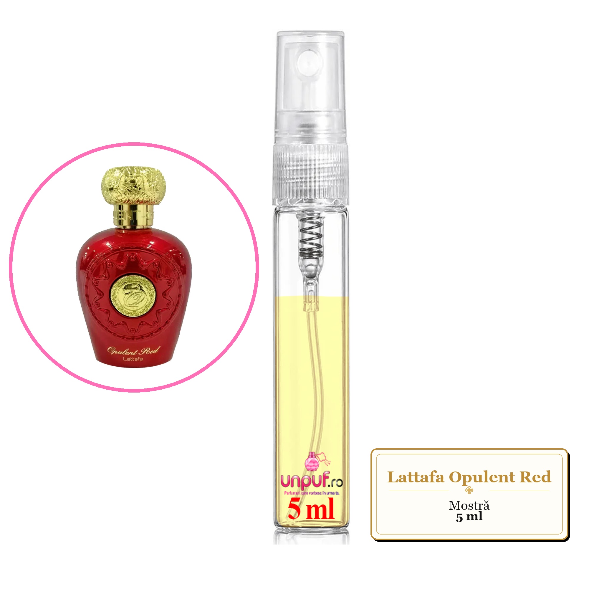 Mostra fiola din Parfumul Lattafa Opulent Red, decant sticla cu pulverizator