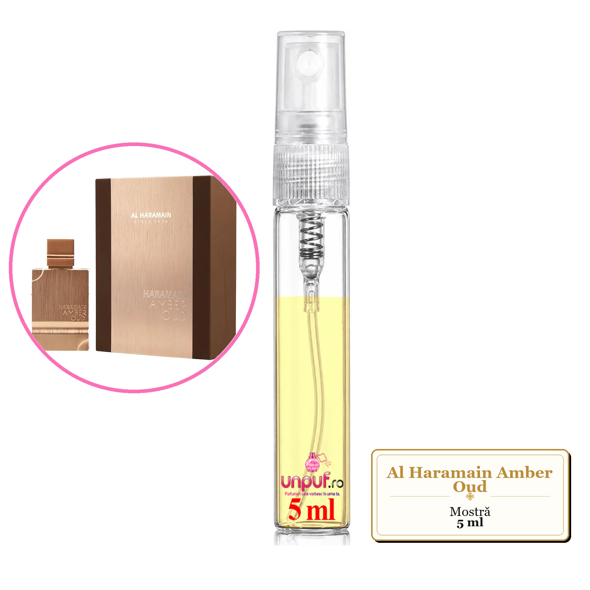 Mostra fiola din Parfumul Al Haramain Amber Oud, decant sticla cu pulverizator 