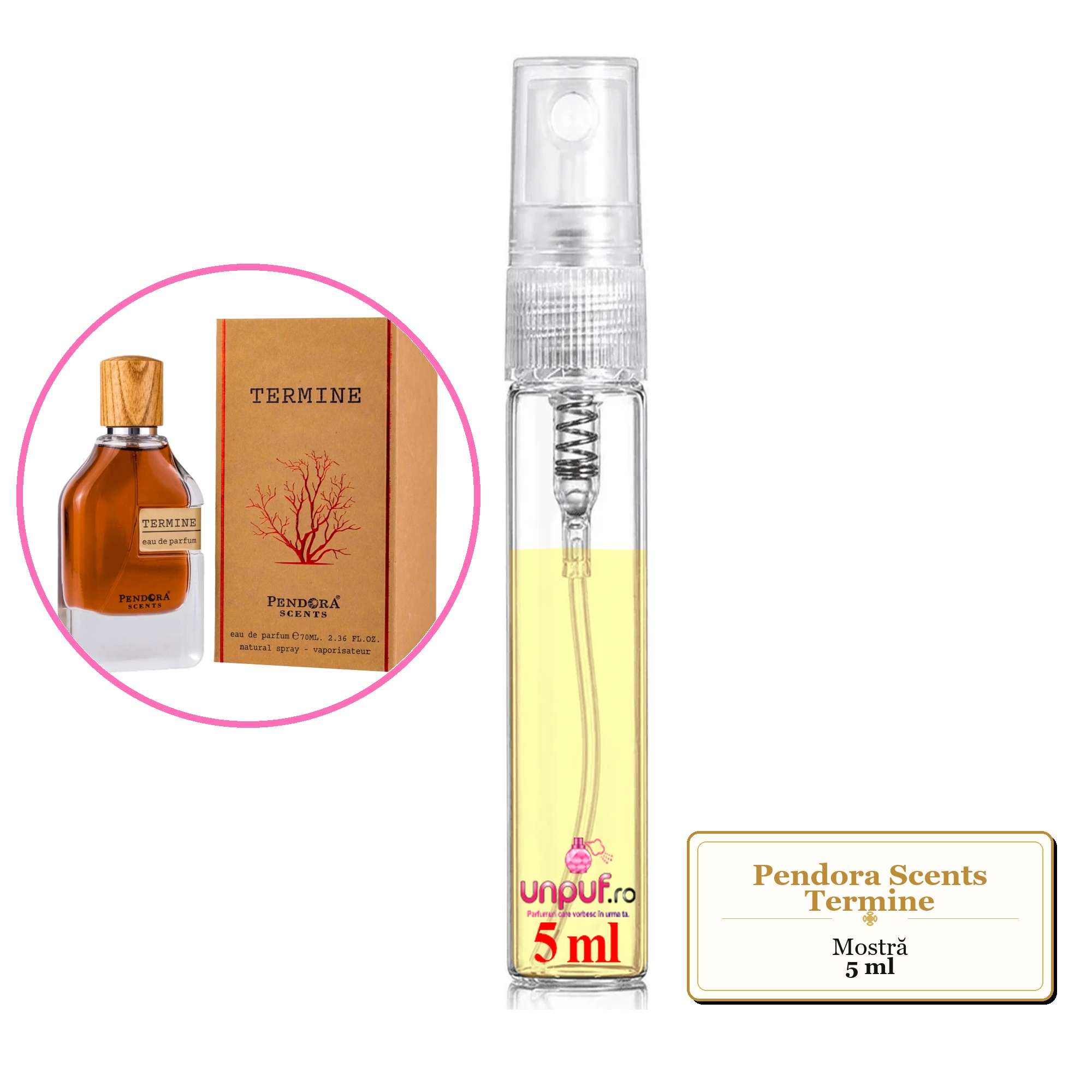 Mostra fiola din Parfumul Pendora Scents Termine, decant sticla cu pulverizator