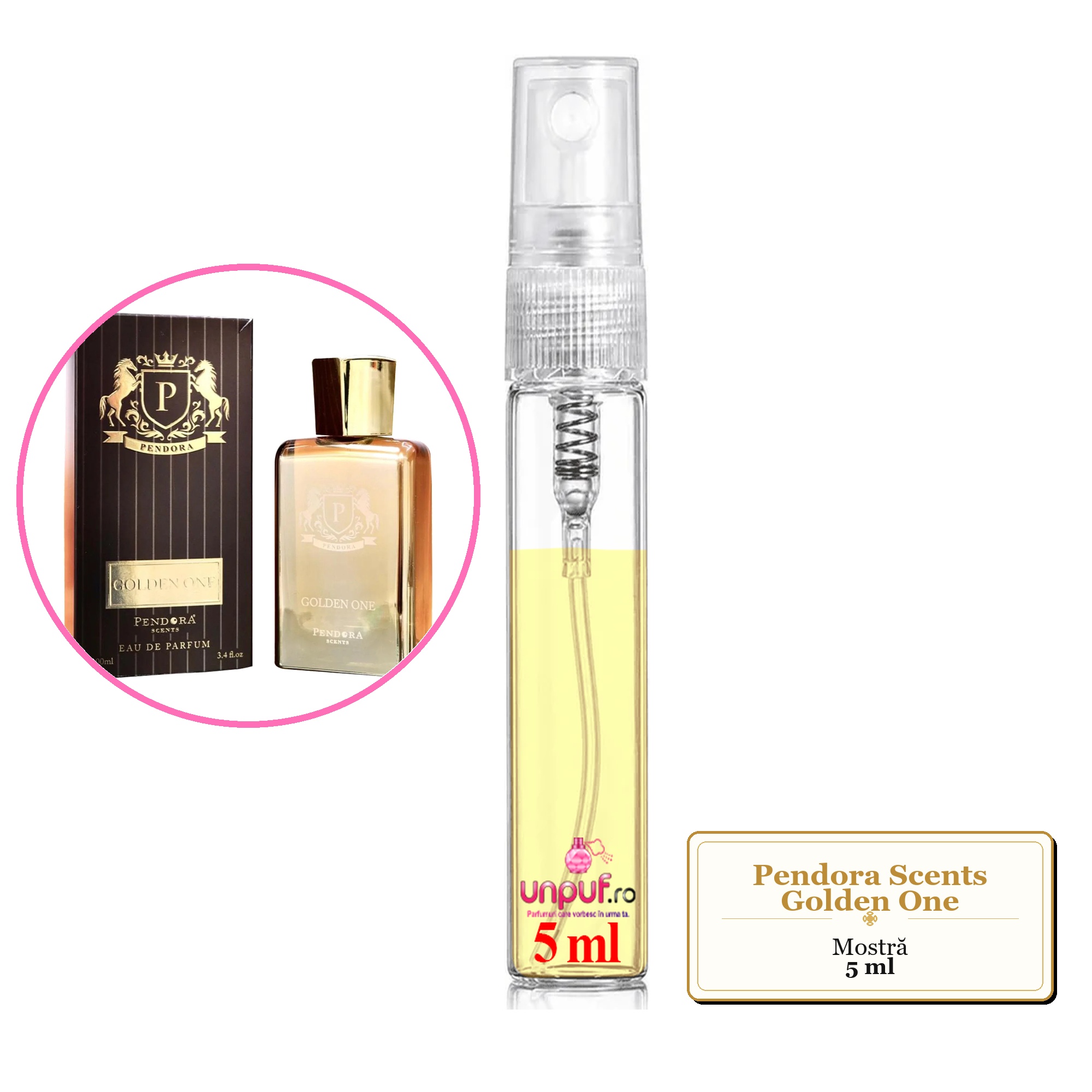 Mostra fiola din Parfumul Pendora Scents Golden One, decant sticla cu pulverizator