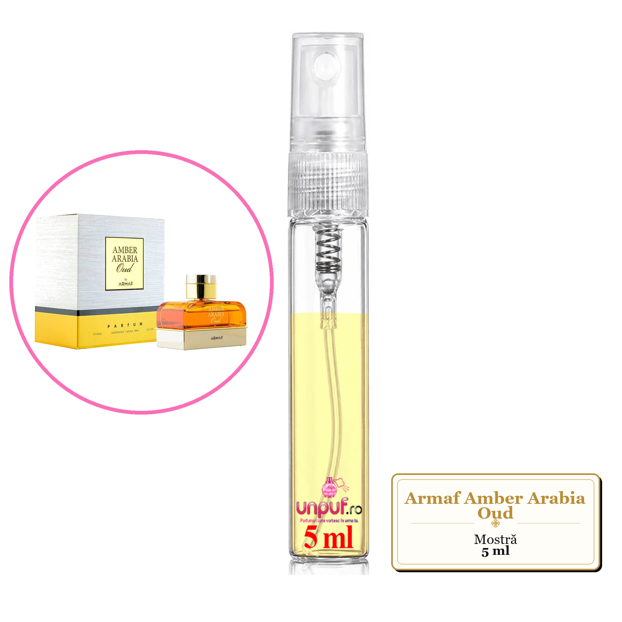 Mostra fiola din Parfumul Armaf Amber Arabia Oud, decant sticla cu pulverizator