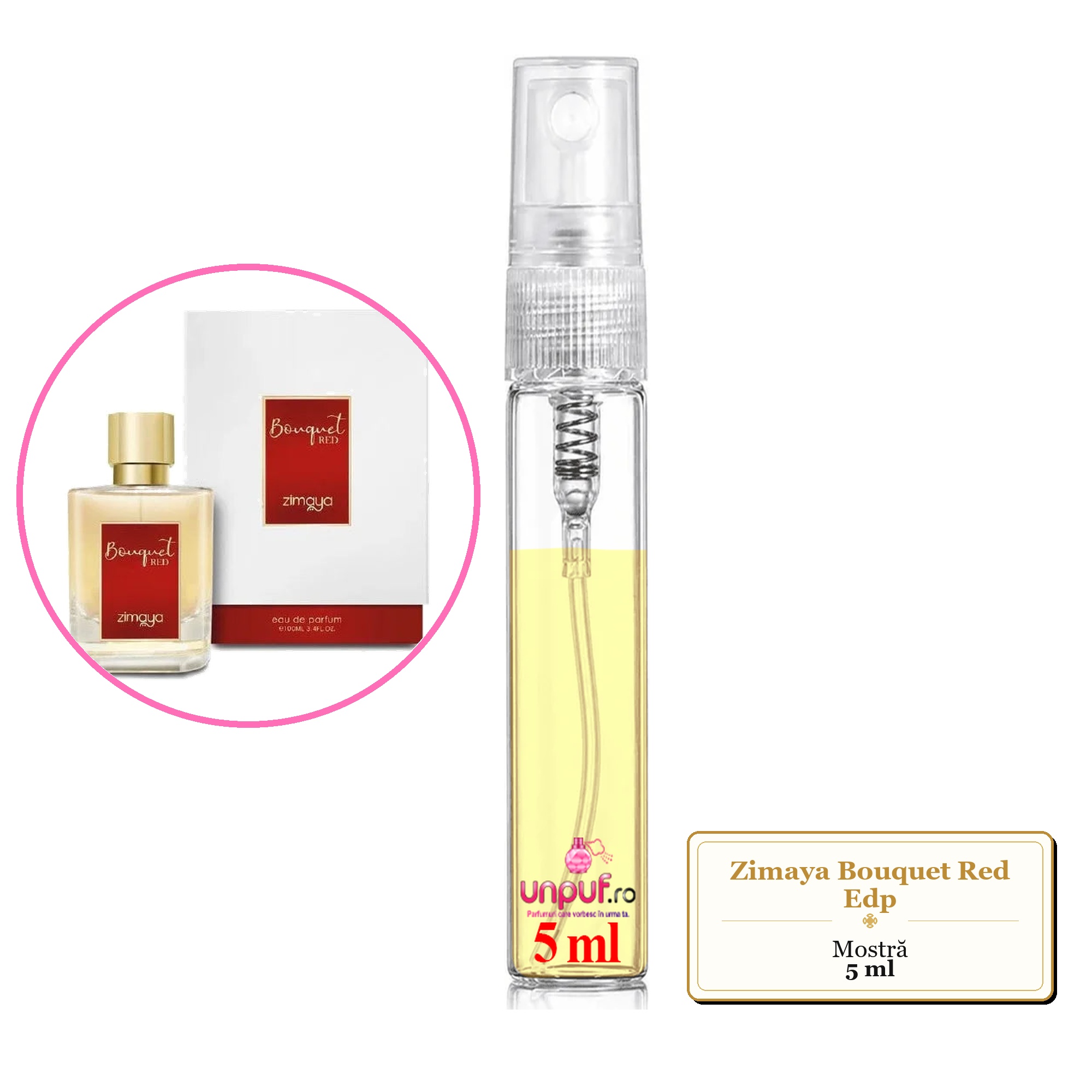 Mostra fiola din Parfumul Zimaya Bouquet Red Edp, decant sticla cu pulverizator