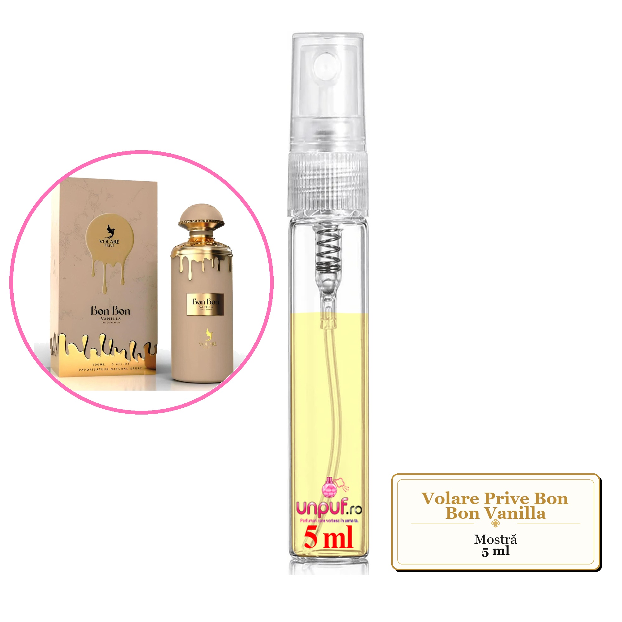 Mostra fiola din Parfumul Volare Prive Bon Bon Vanilla, decant sticla cu pulverizator 