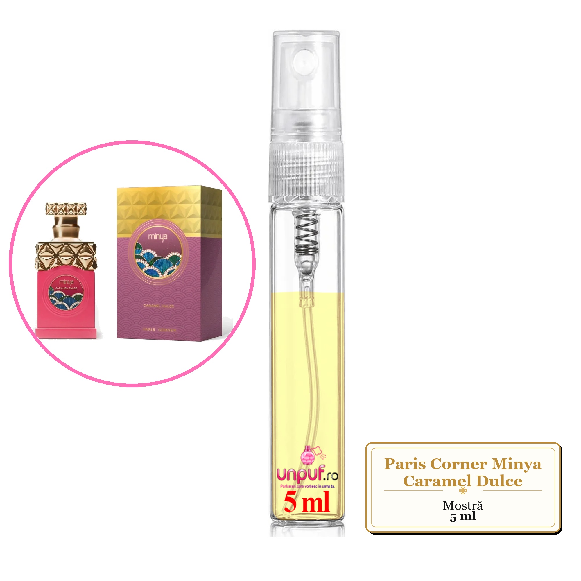 Mostra fiola din Parfumul Paris Corner Minya Caramel Dulce, decant sticla cu pulverizator
