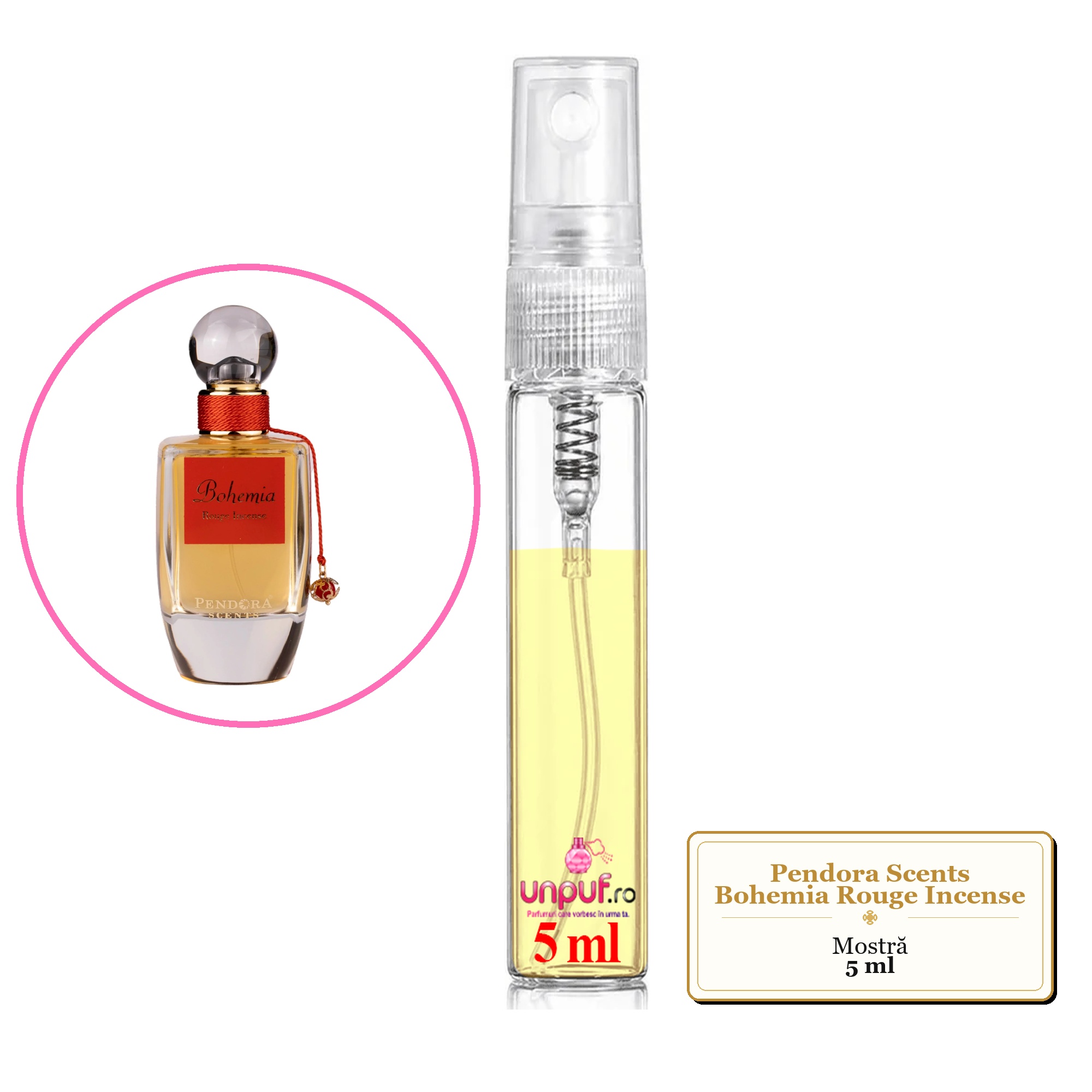 Mostra fiola din Parfumul Pendora Scents Bohemia Rouge Incense, decant sticla cu pulverizator 