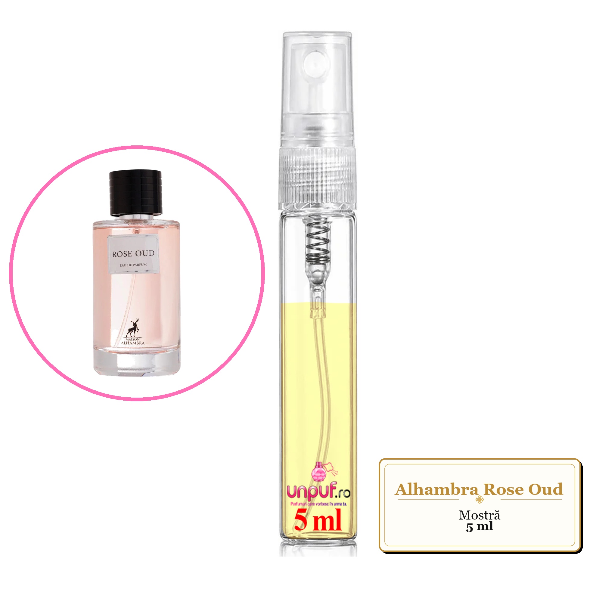 Mostra fiola din Parfumul Alhambra Rose Oud, decant sticla cu pulverizator