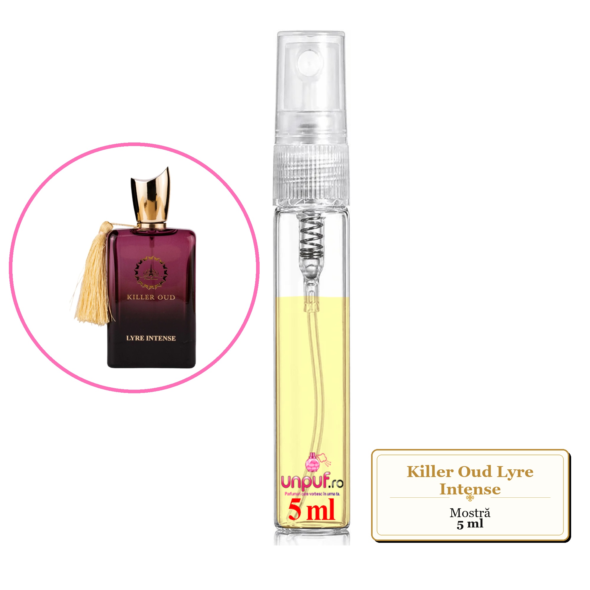 Mostra fiola din Parfumul Killer Oud Lyre Intense, decant sticla cu pulverizator