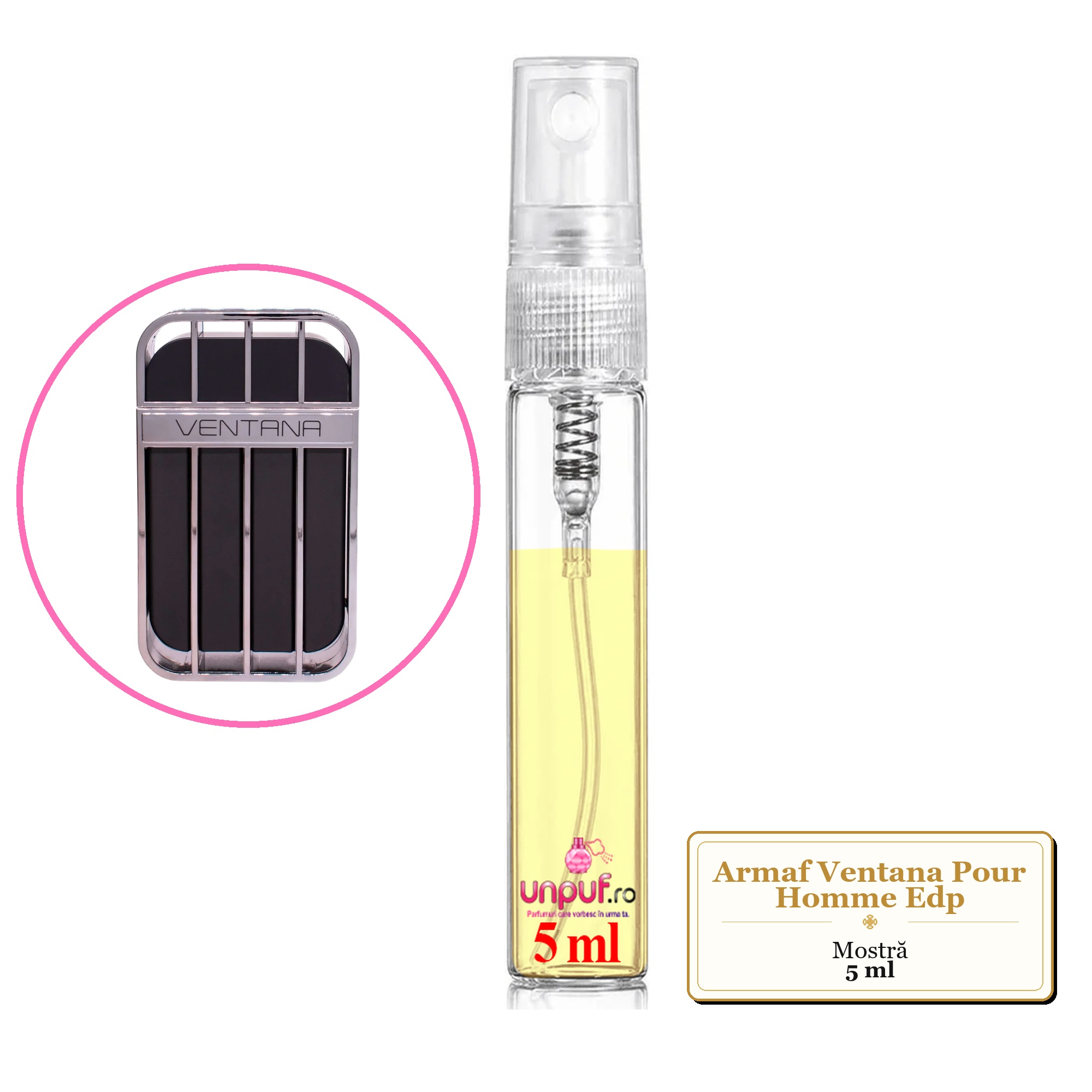 Mostra fiola din Parfumul Armaf Ventana Pour Homme Edp, decant sticla cu pulverizator