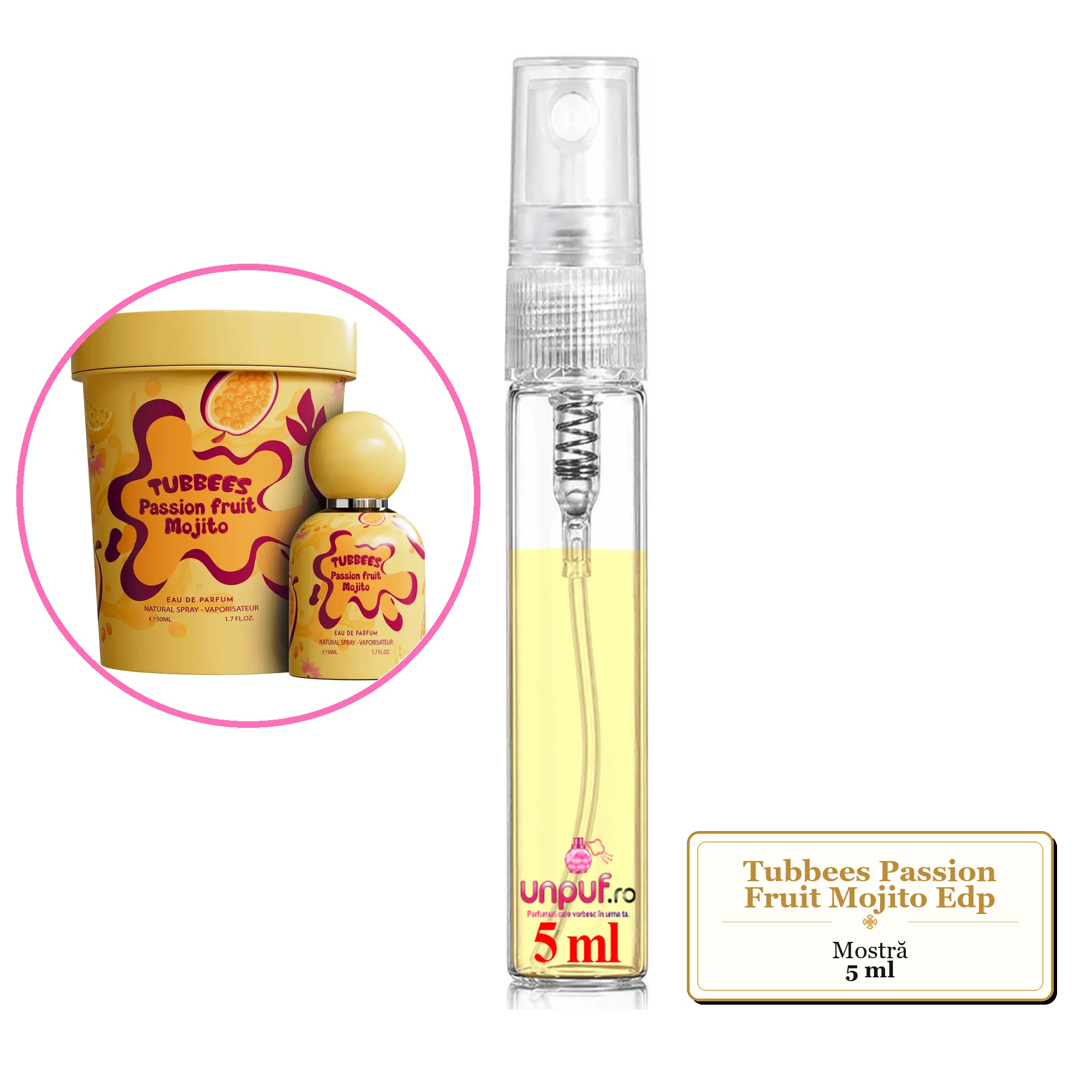 Mostra fiola din Parfumul Tubbees Passion Fruit Mojito Edp, decant sticla cu pulverizator
