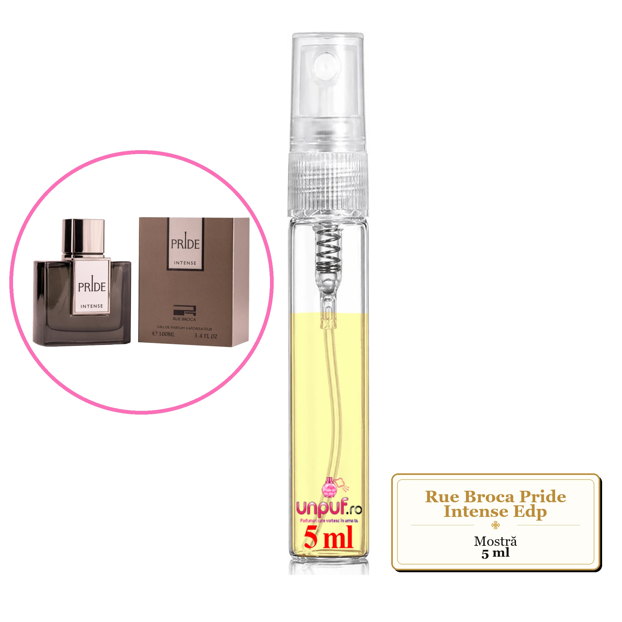 Mostra fiola din Parfumul Rue Broca Pride Intense Edp, decant sticla cu pulverizator 