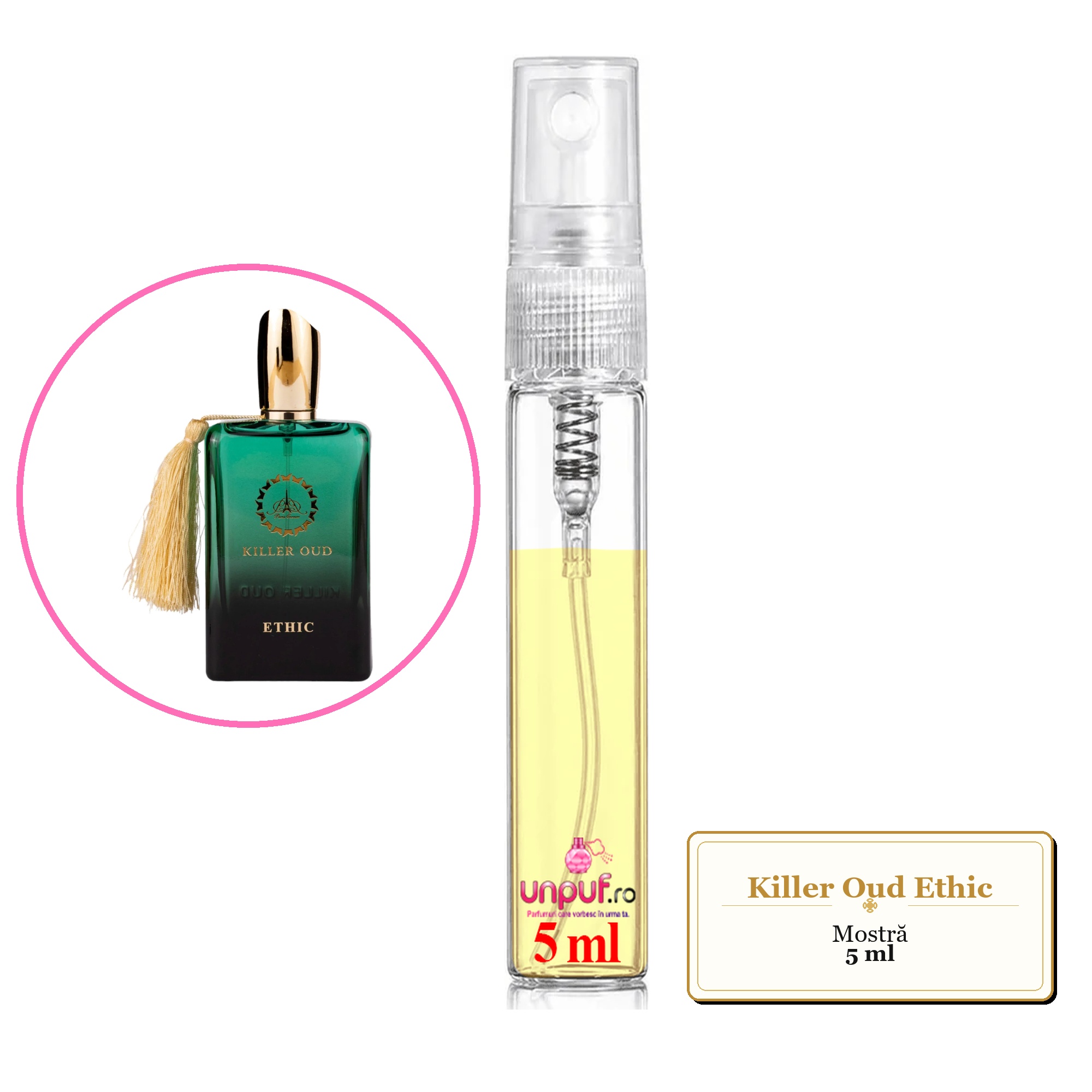Mostra fiola din Parfumul Killer Oud Ethic, decant sticla cu pulverizator