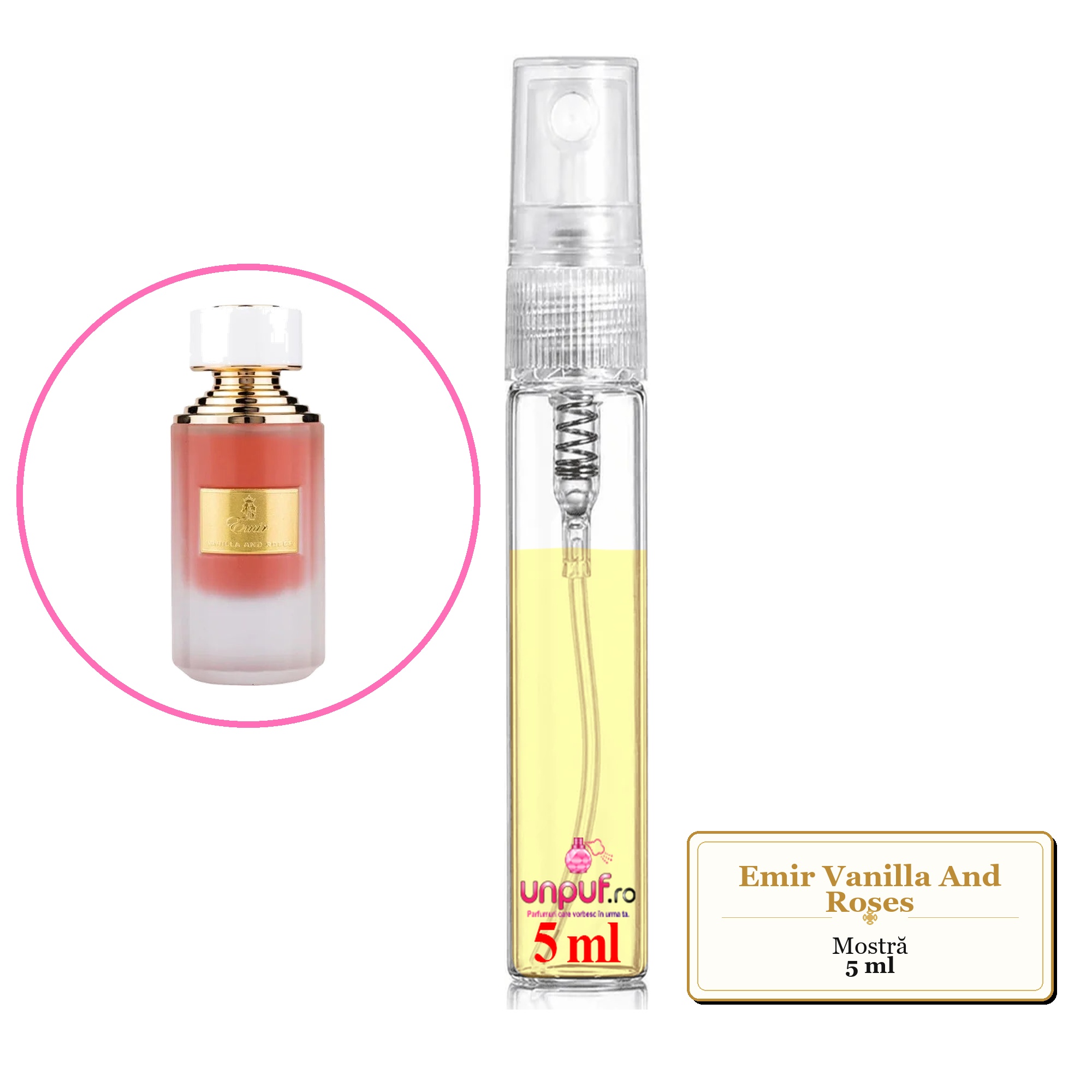 Mostra fiola din Parfumul Emir Vanilla And Roses, decant sticla cu pulverizator