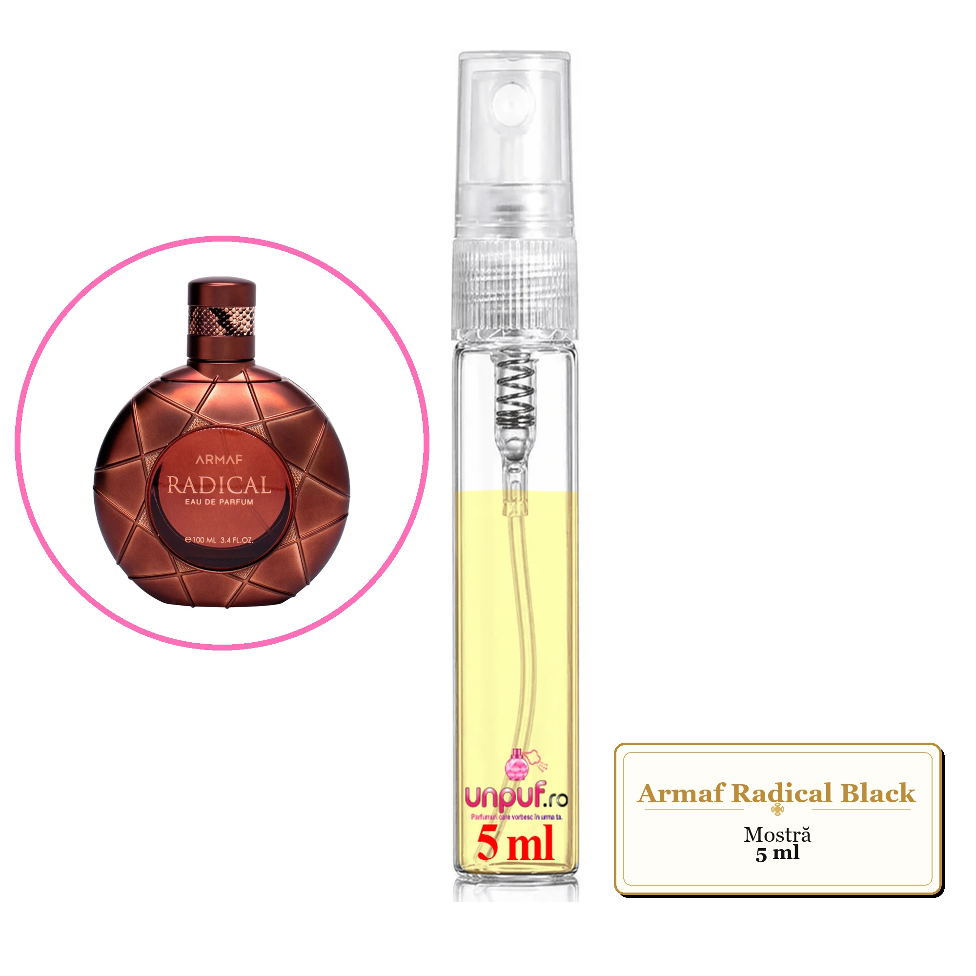 Mostra fiola din Parfumul Armaf Radical Black, decant sticla cu pulverizator
