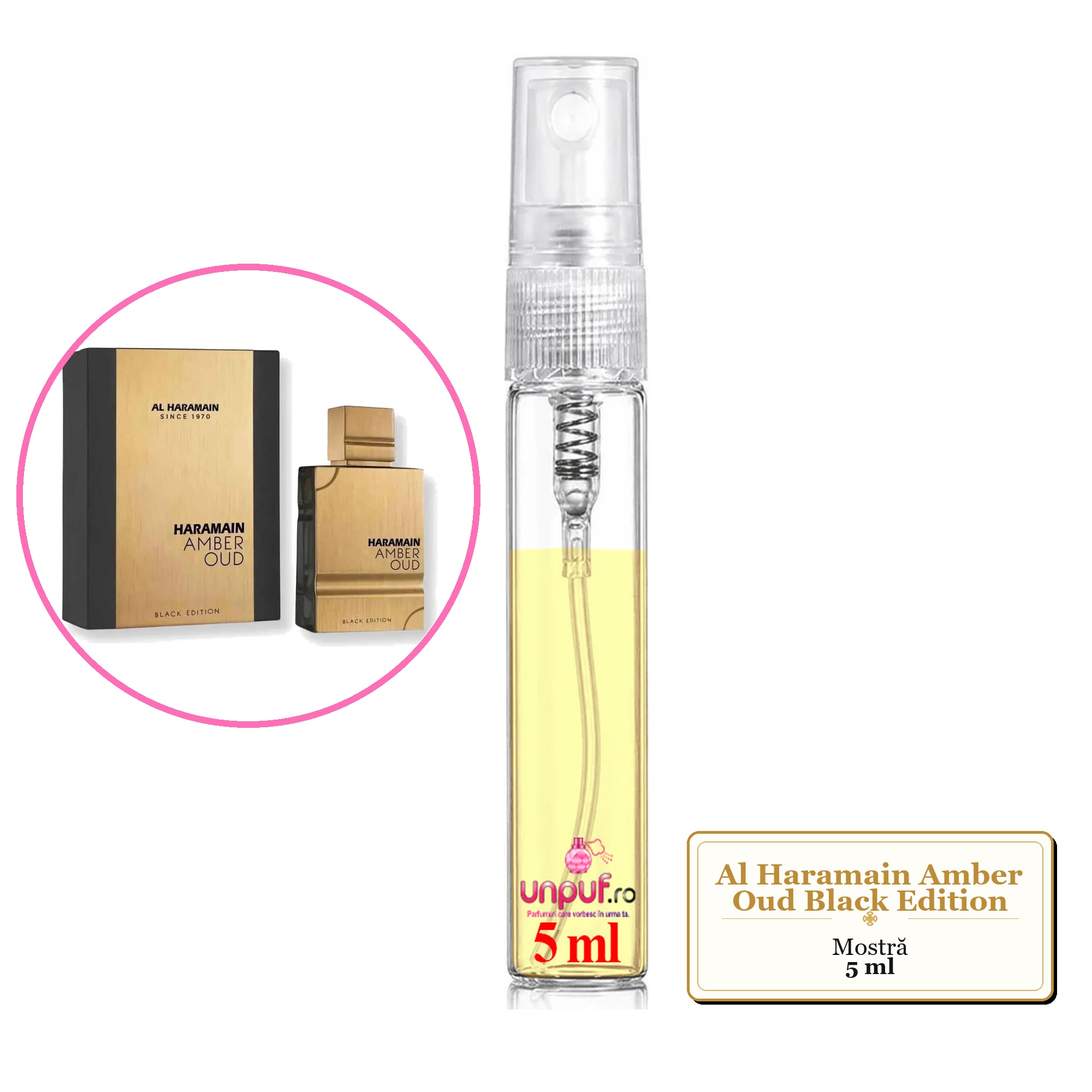 Mostra fiola din Parfumul Al Haramain Amber Oud Black Edition, decant sticla cu pulverizator