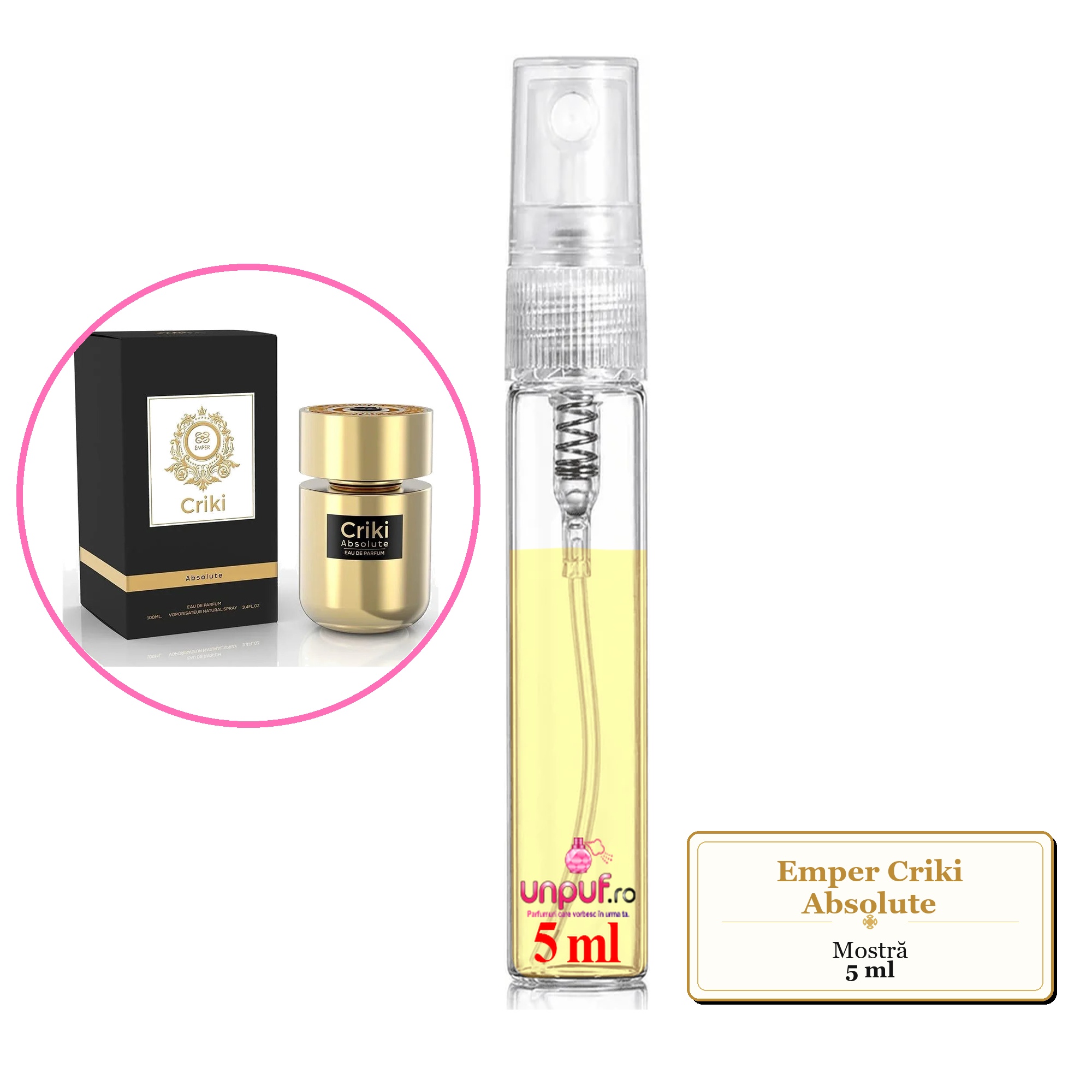 Mostra fiola din Parfumul Emper Criki Absolute, decant sticla cu pulverizator