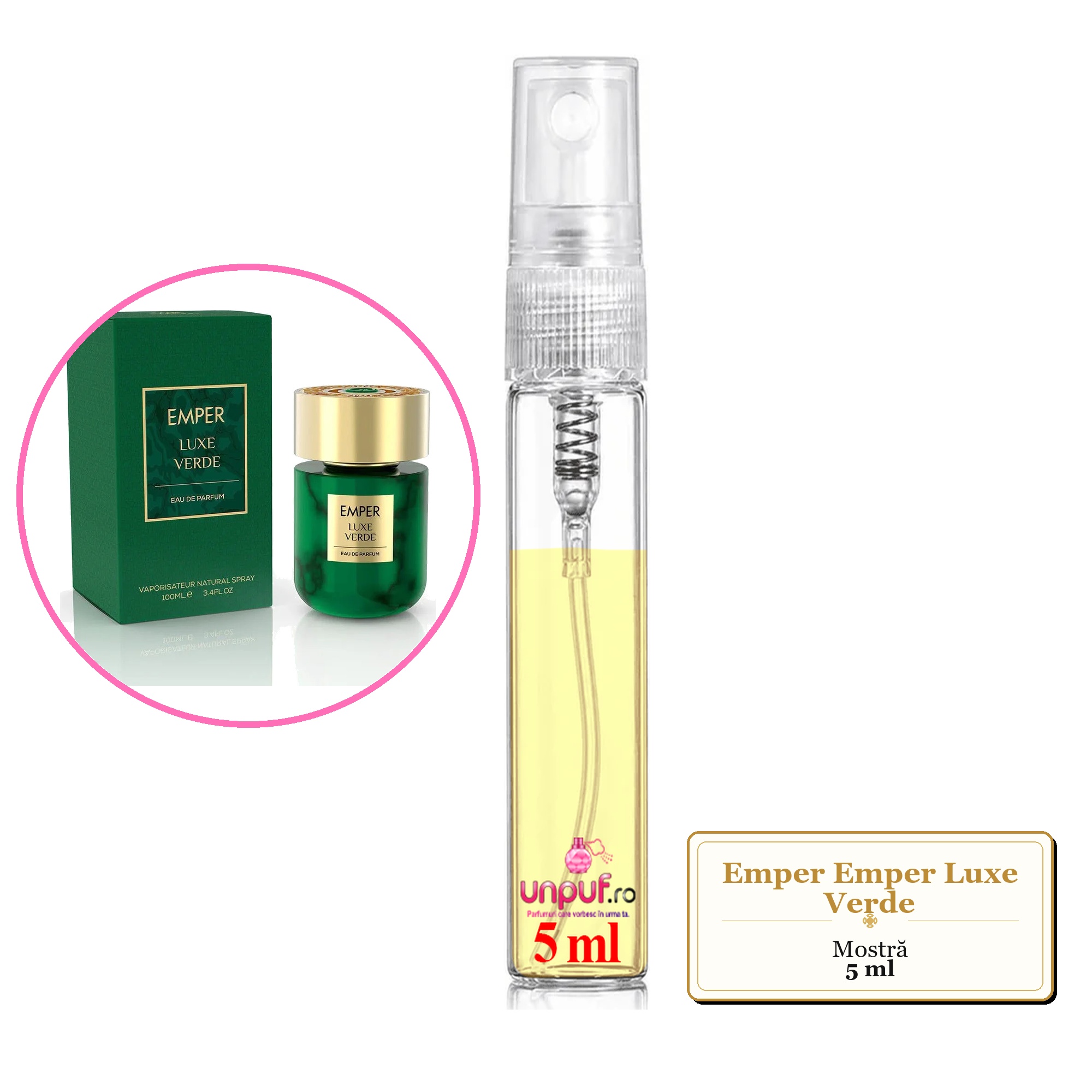 Mostra fiola din Parfumul Emper Emper Luxe Verde, decant sticla cu pulverizator
