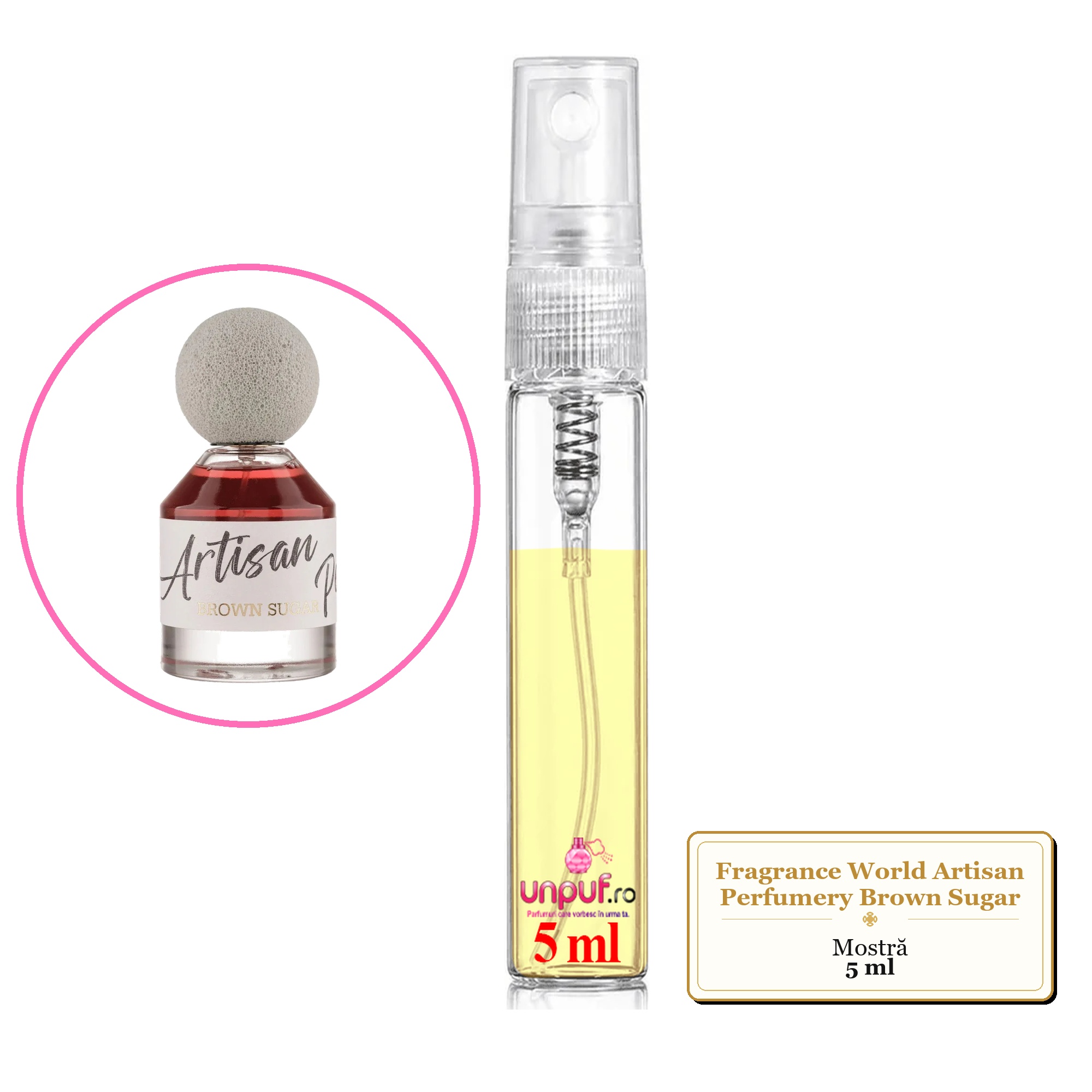 Mostra fiola din Parfumul Fragrance World Artisan Perfumery Brown Sugar, decant sticla cu pulverizator