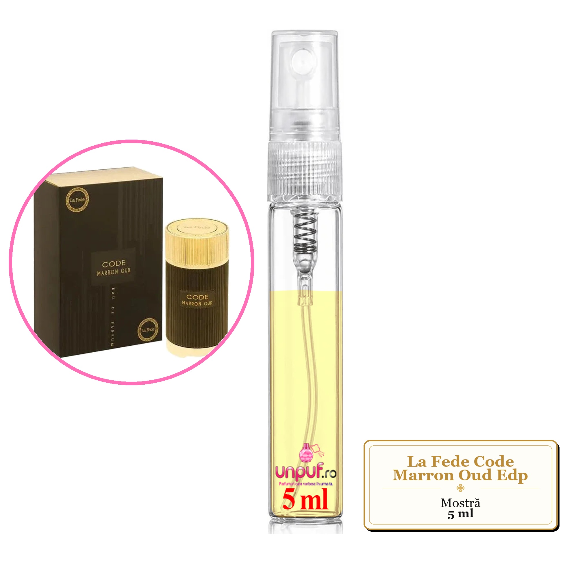 Mostra fiola din Parfumul La Fede Code Marron Oud Edp, decant sticla cu pulverizator