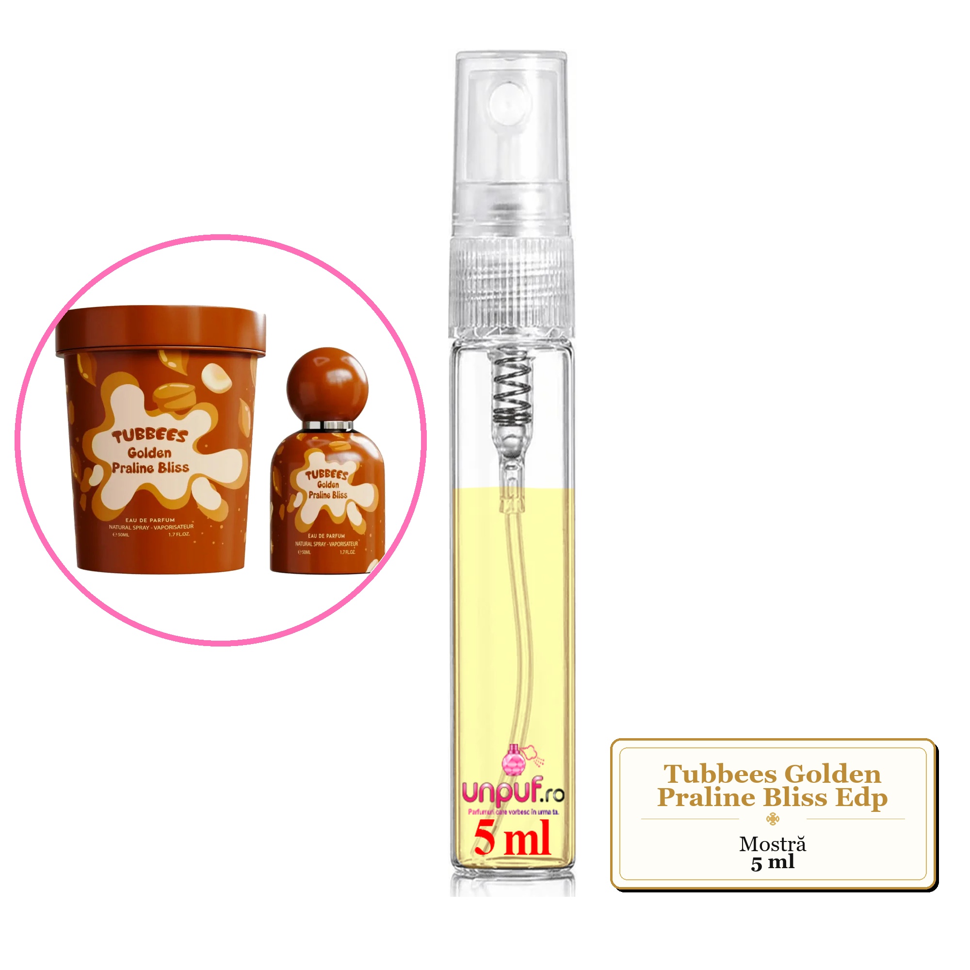 Mostra fiola din Parfumul Tubbees Golden Praline Bliss Edp, decant sticla cu pulverizator 