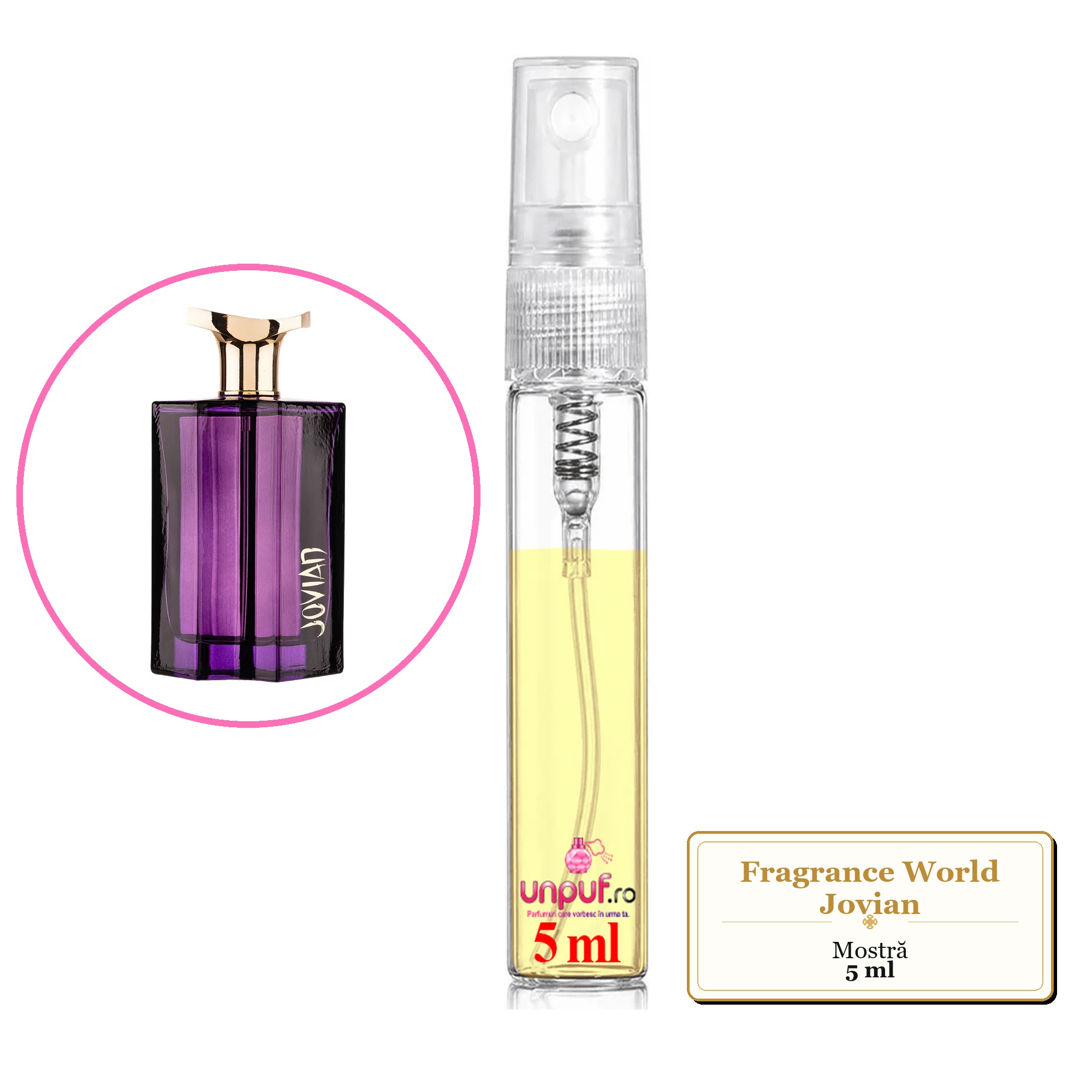 Mostra fiola din Parfumul Fragrance World Jovian, decant sticla cu pulverizator 