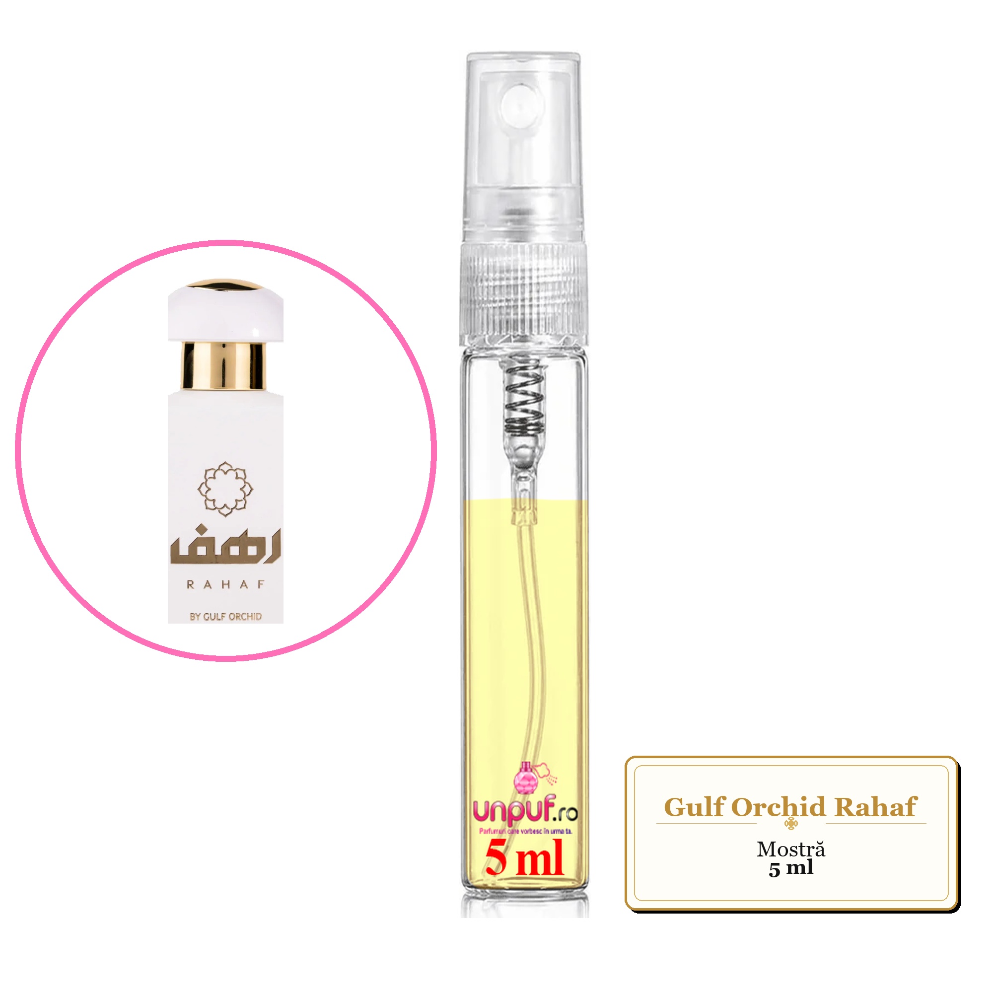 Mostra fiola din Parfumul Gulf Orchid Rahaf, decant sticla cu pulverizator