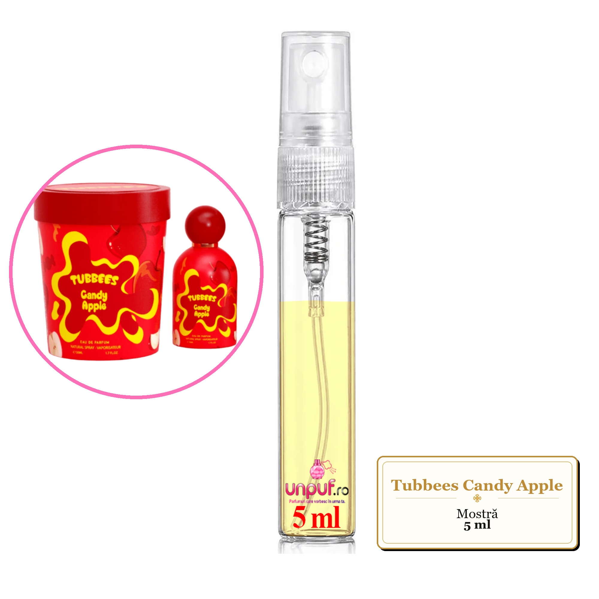 Mostra fiola din Parfumul Tubbees Candy Apple, decant sticla cu pulverizator 