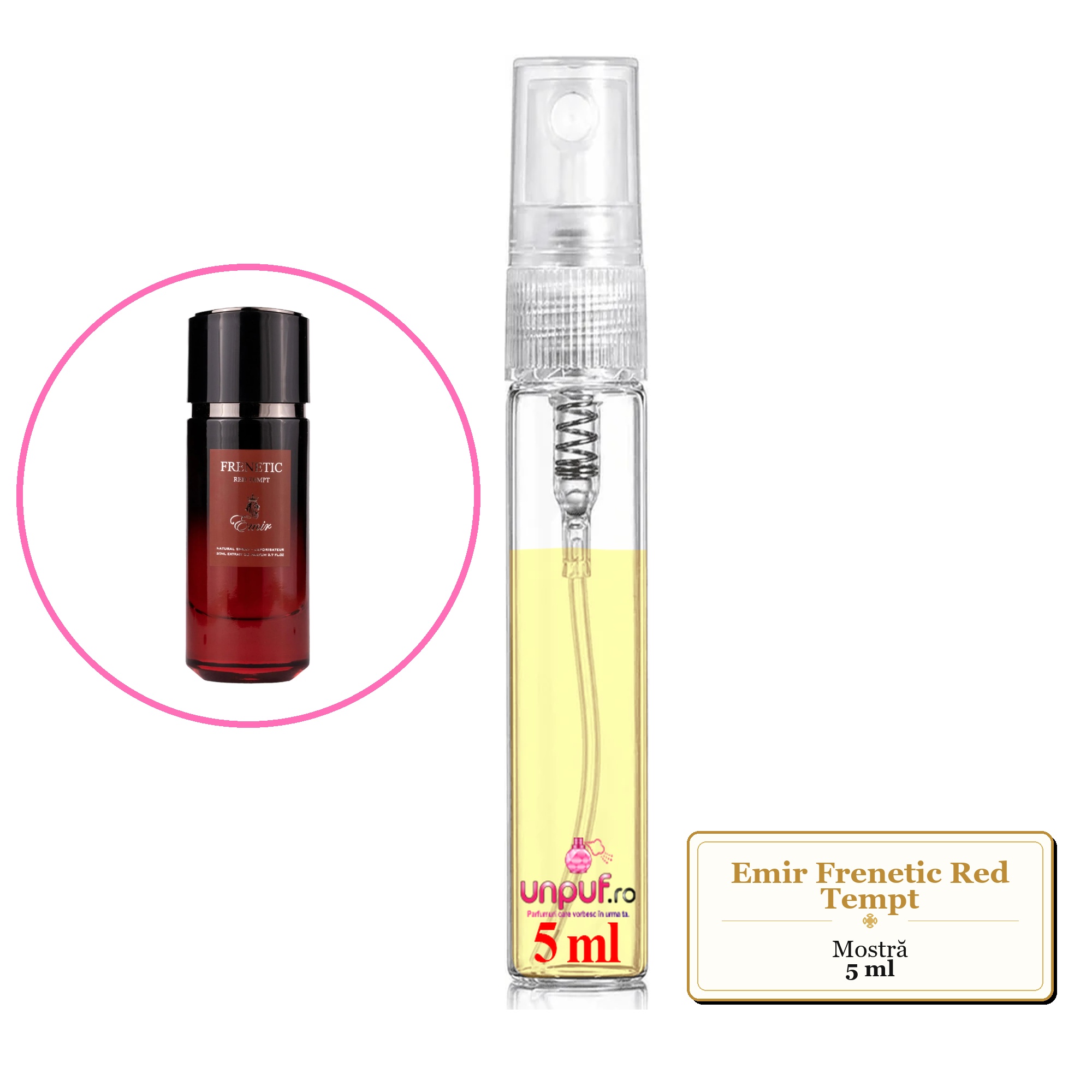 Mostra fiola din Parfumul Emir Frenetic Red Tempt, decant sticla cu pulverizator