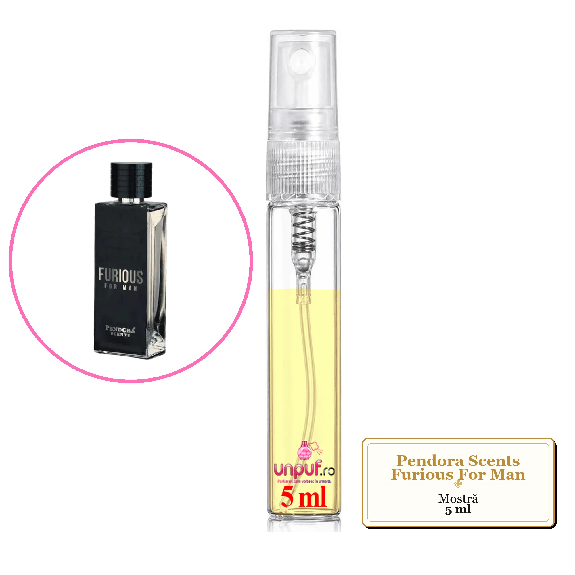 Mostra fiola din Parfumul Pendora Scents Furious For Man, decant sticla cu pulverizator 