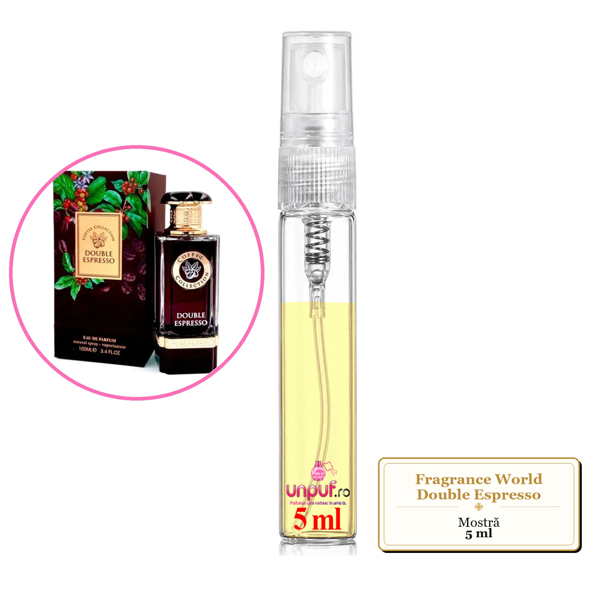 Mostra fiola din Parfumul Fragrance World Double Espresso, decant sticla cu pulverizator