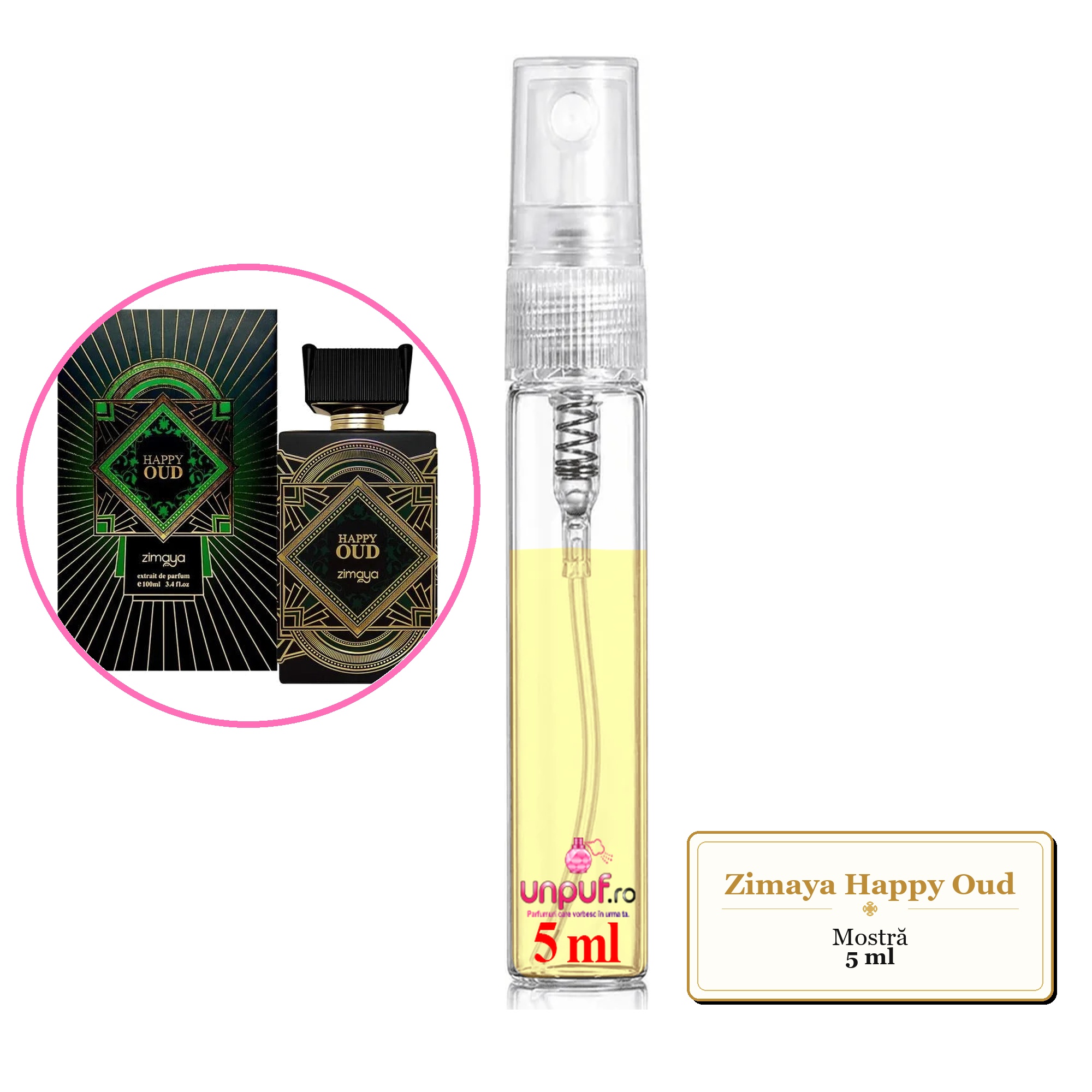Mostra fiola din Parfumul Zimaya Happy Oud, decant sticla cu pulverizator