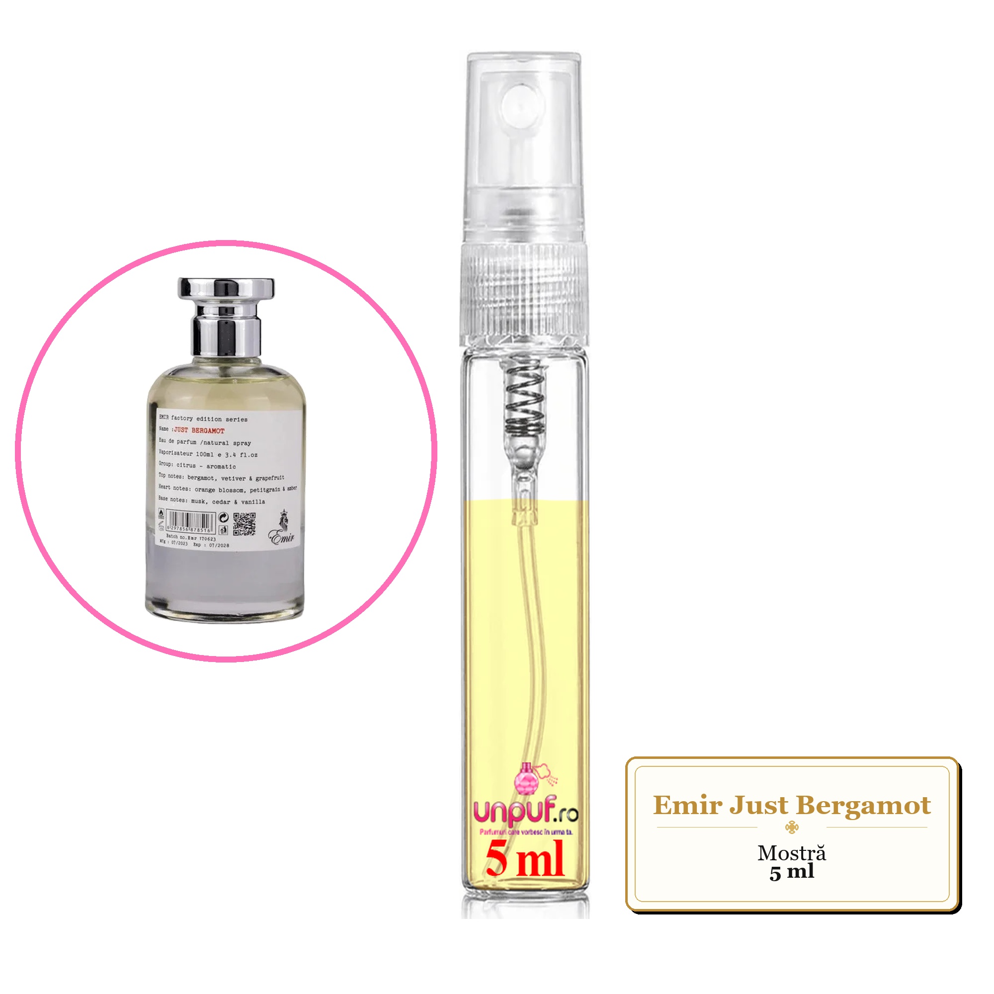 Mostra fiola din Parfumul Emir Just Bergamot, decant sticla cu pulverizator