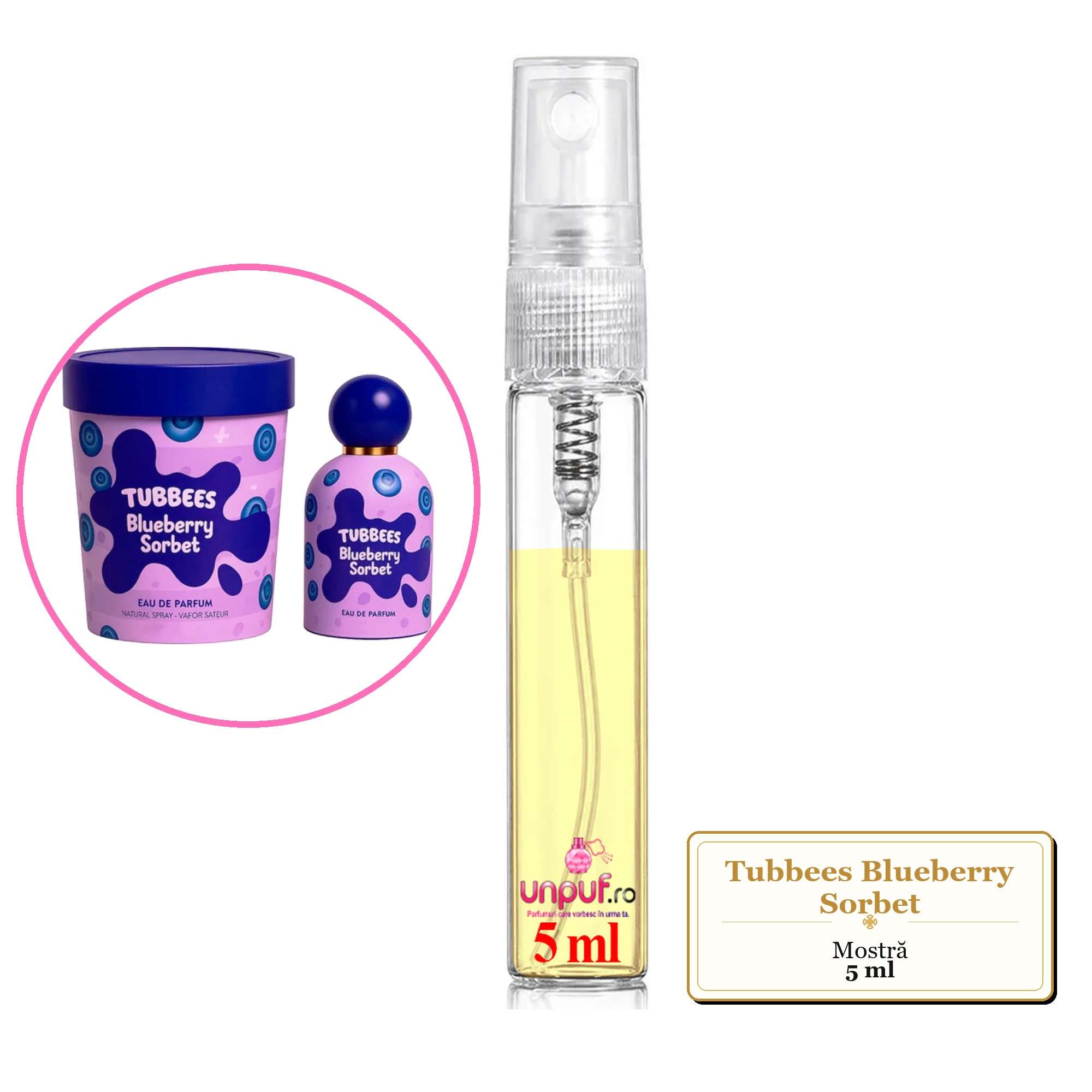Mostra fiola din Parfumul Tubbees Blueberry Sorbet, decant sticla cu pulverizator 