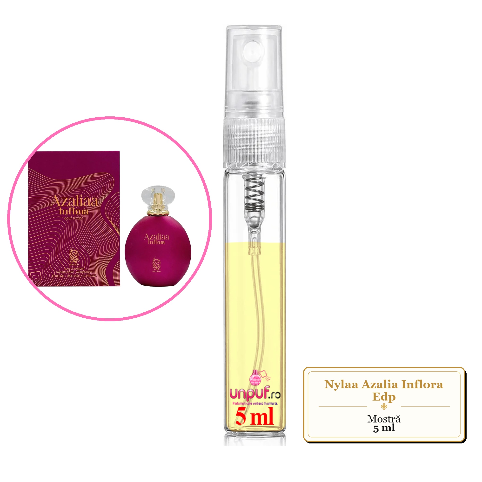 Mostra fiola din Parfumul Nylaa Azalia Inflora Edp, decant sticla cu pulverizator