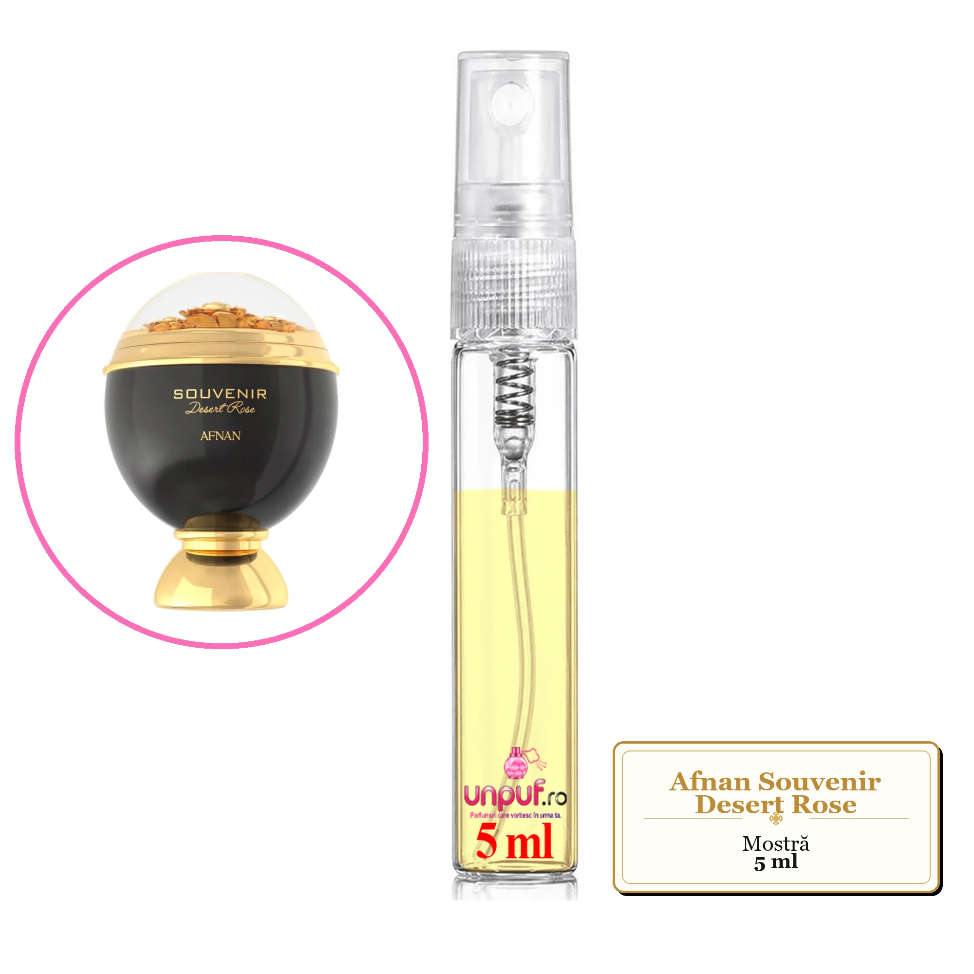 Mostra fiola din Parfumul Afnan Souvenir Desert Rose, decant sticla cu pulverizator