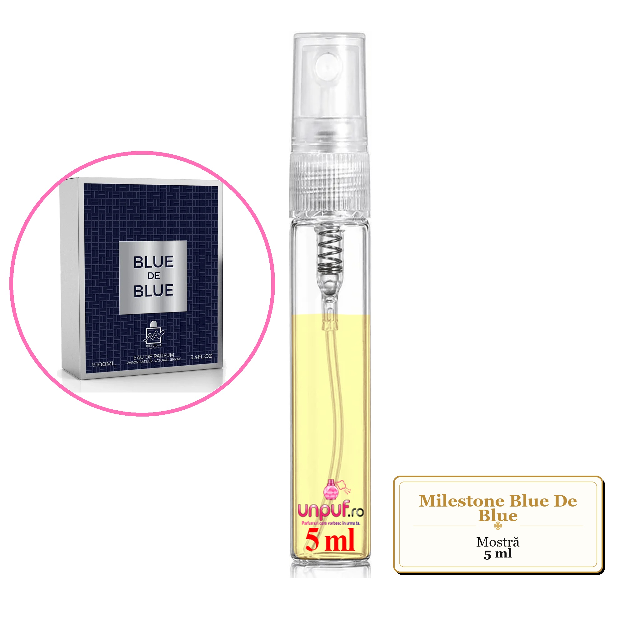 Mostra fiola din Parfumul Milestone Blue De Blue, decant sticla cu pulverizator