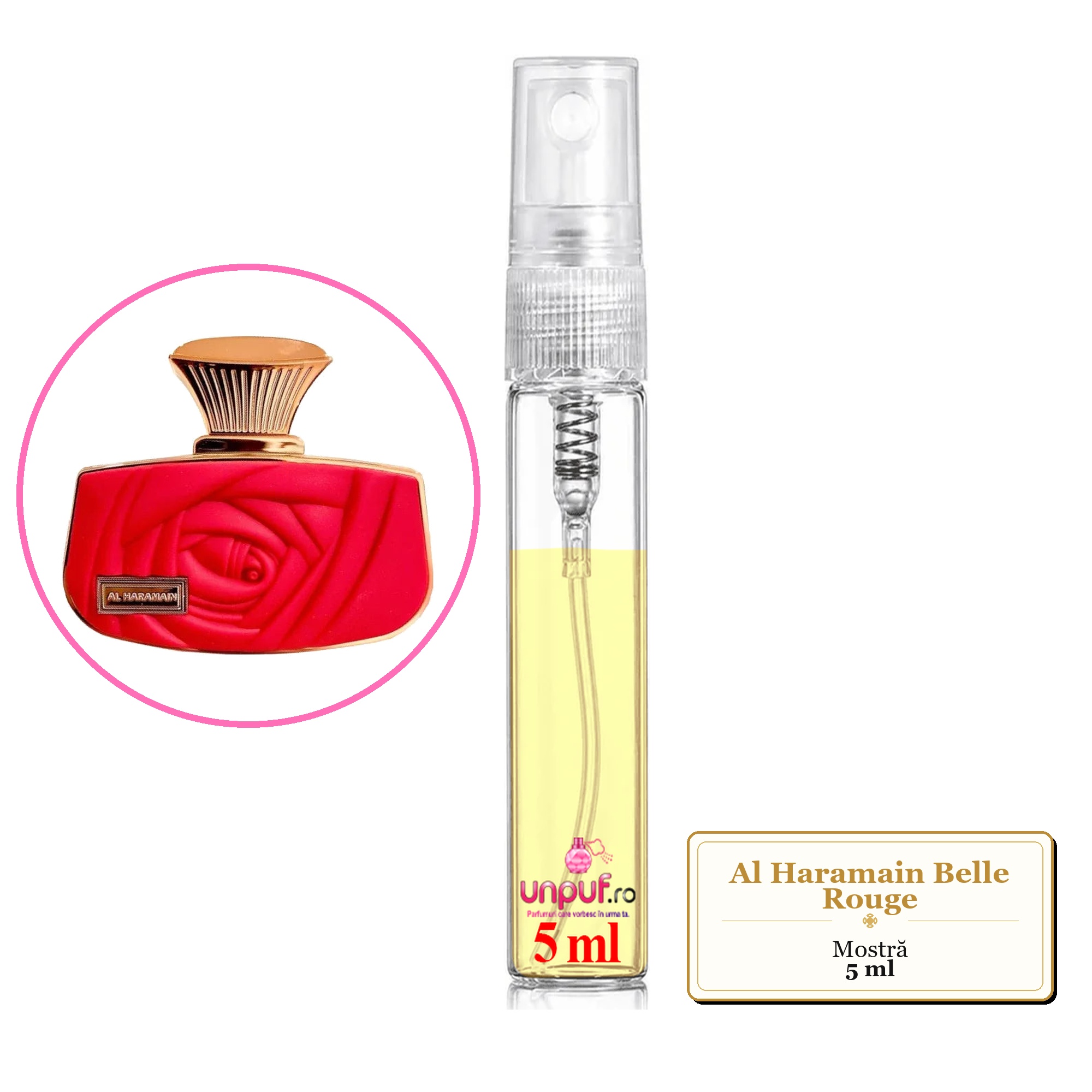 Mostra fiola din Parfumul Al Haramain Belle Rouge, decant sticla cu pulverizator