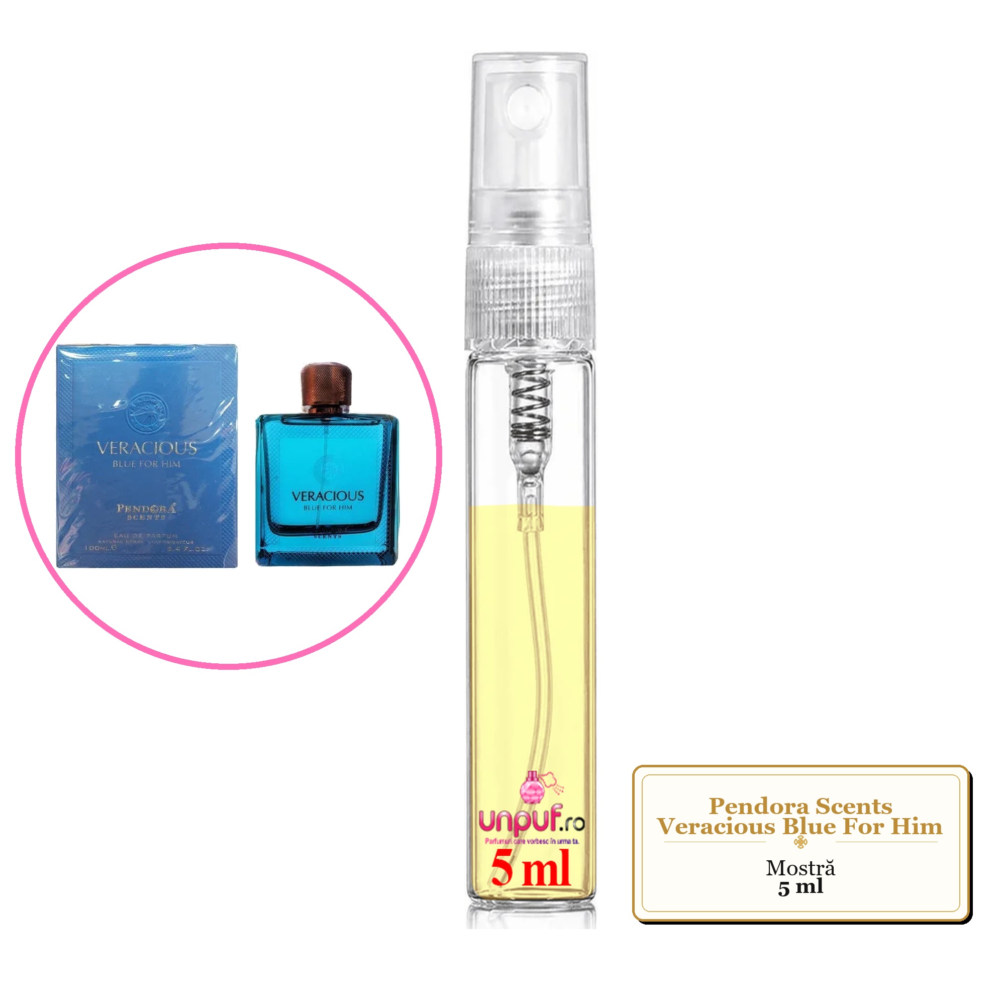 Mostra fiola din Parfumul Pendora Scents Veracious Blue For Him, decant sticla cu pulverizator 