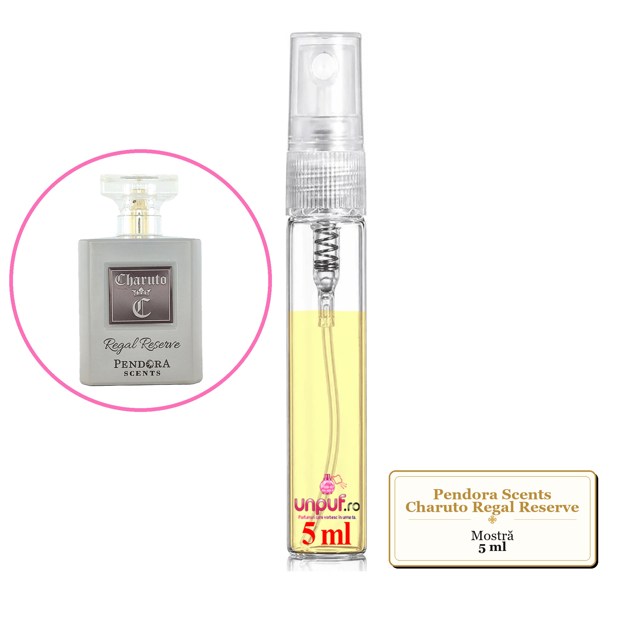 Mostra fiola din Parfumul Pendora Scents Charuto Regal Reserve, decant sticla cu pulverizator