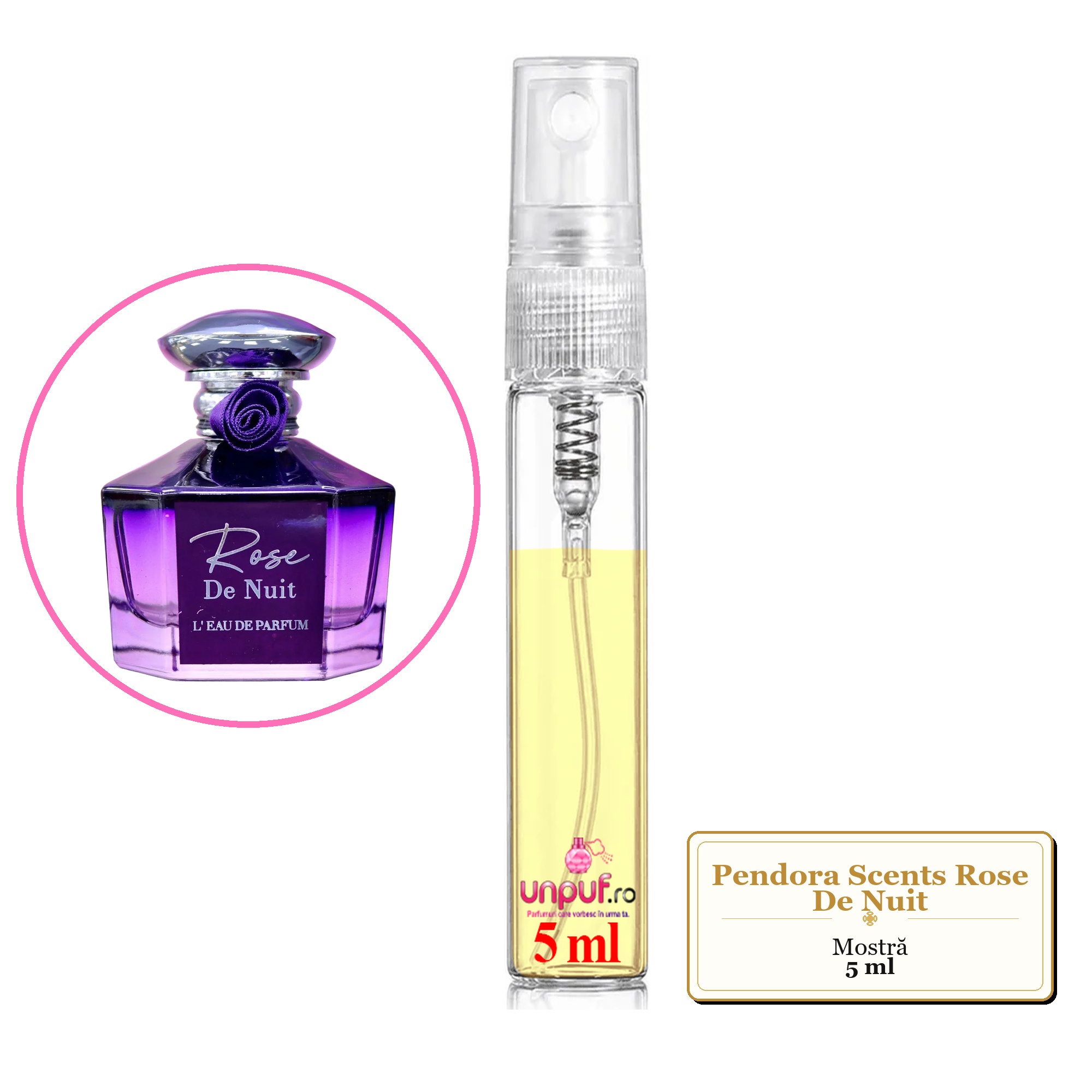 Mostra fiola din Parfumul Pendora Scents Rose De Nuit, decant sticla cu pulverizator