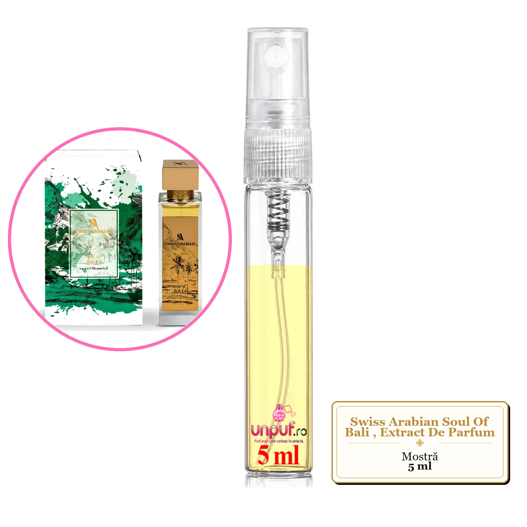 Mostra fiola din Parfumul Swiss Arabian Soul Of Bali, Extract De Parfum, decant sticla cu pulverizator