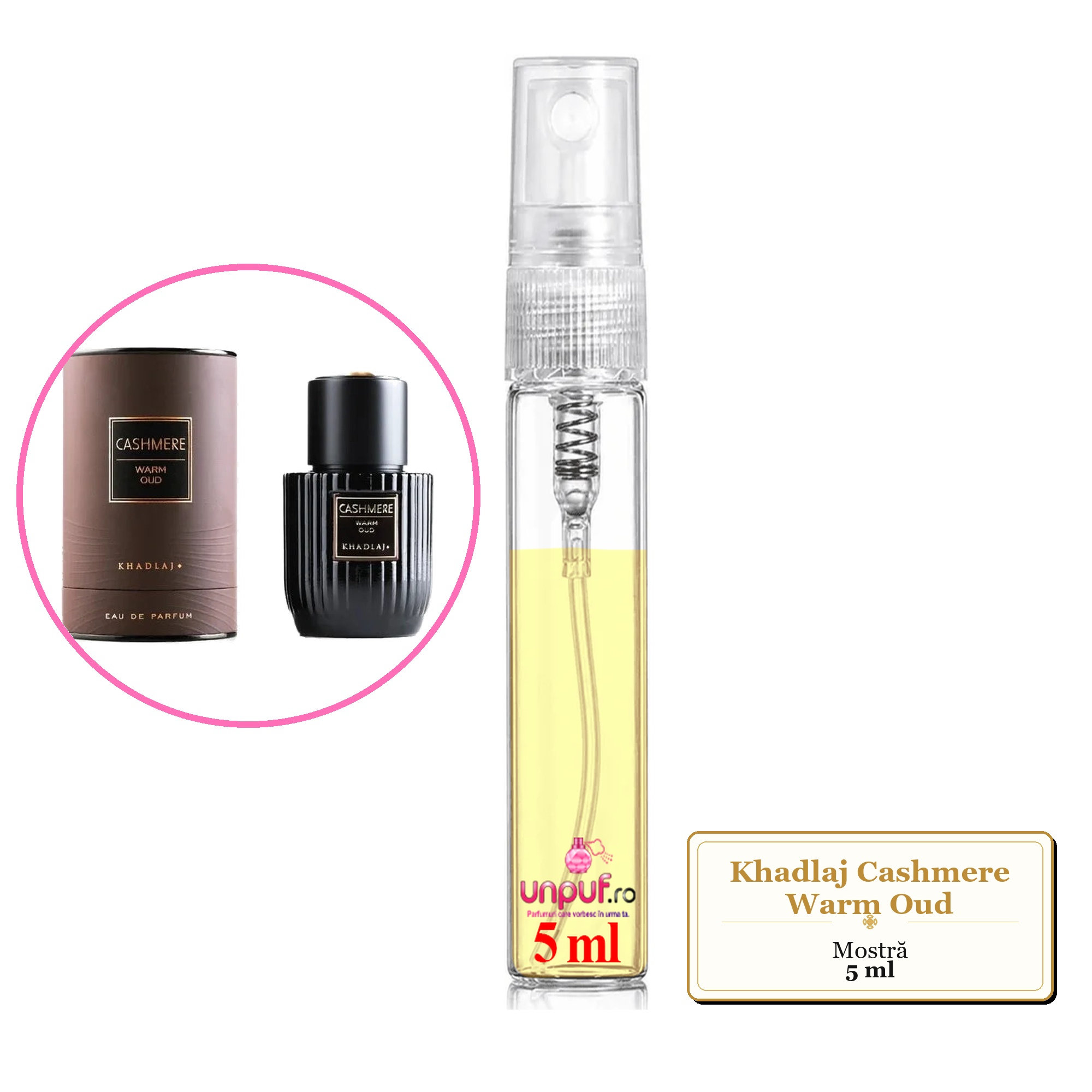 Mostra fiola din Parfumul Khadlaj Cashmere Warm Oud, decant sticla cu pulverizator