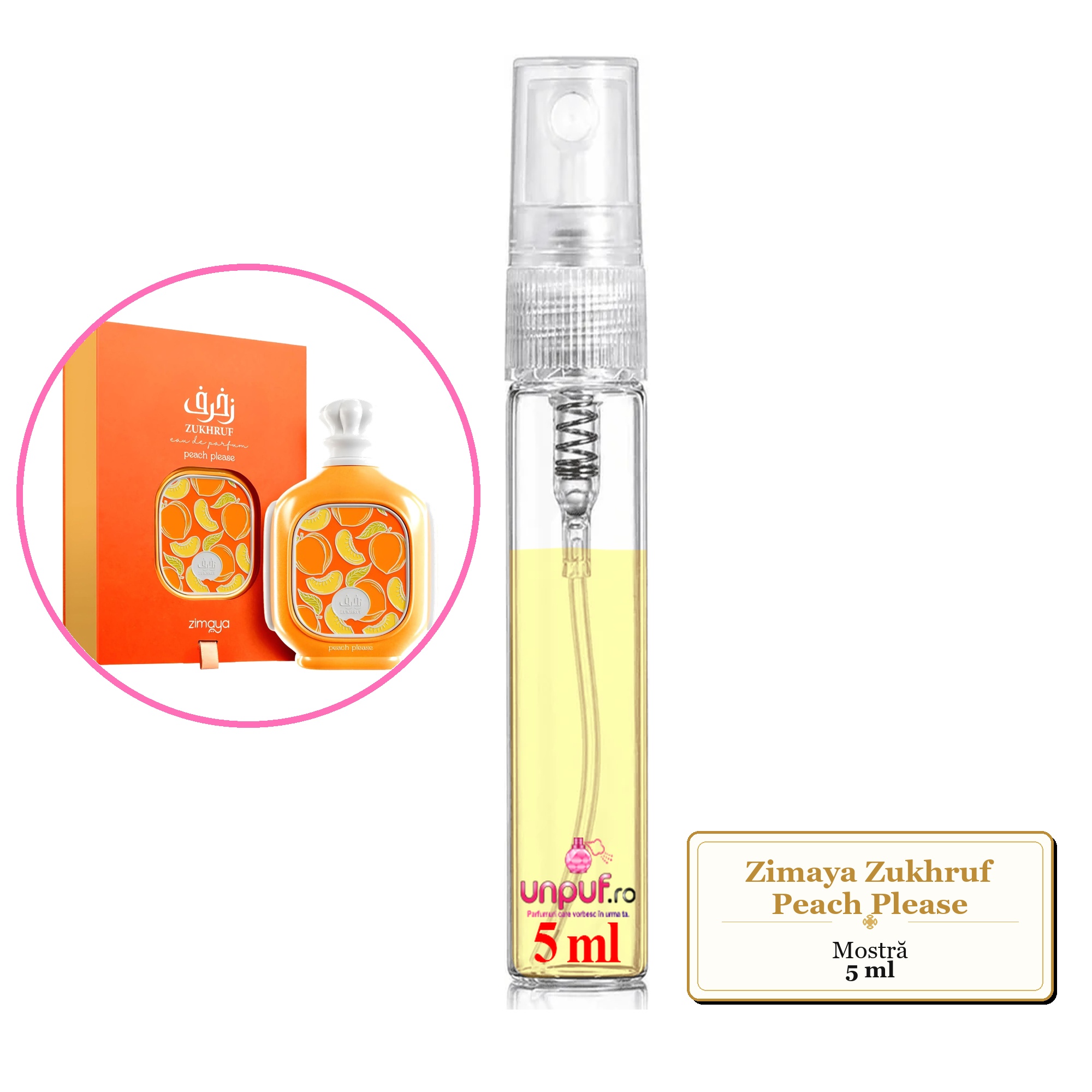 Mostra fiola din Parfumul Zimaya Zukhruf Peach Please, decant sticla cu pulverizator 