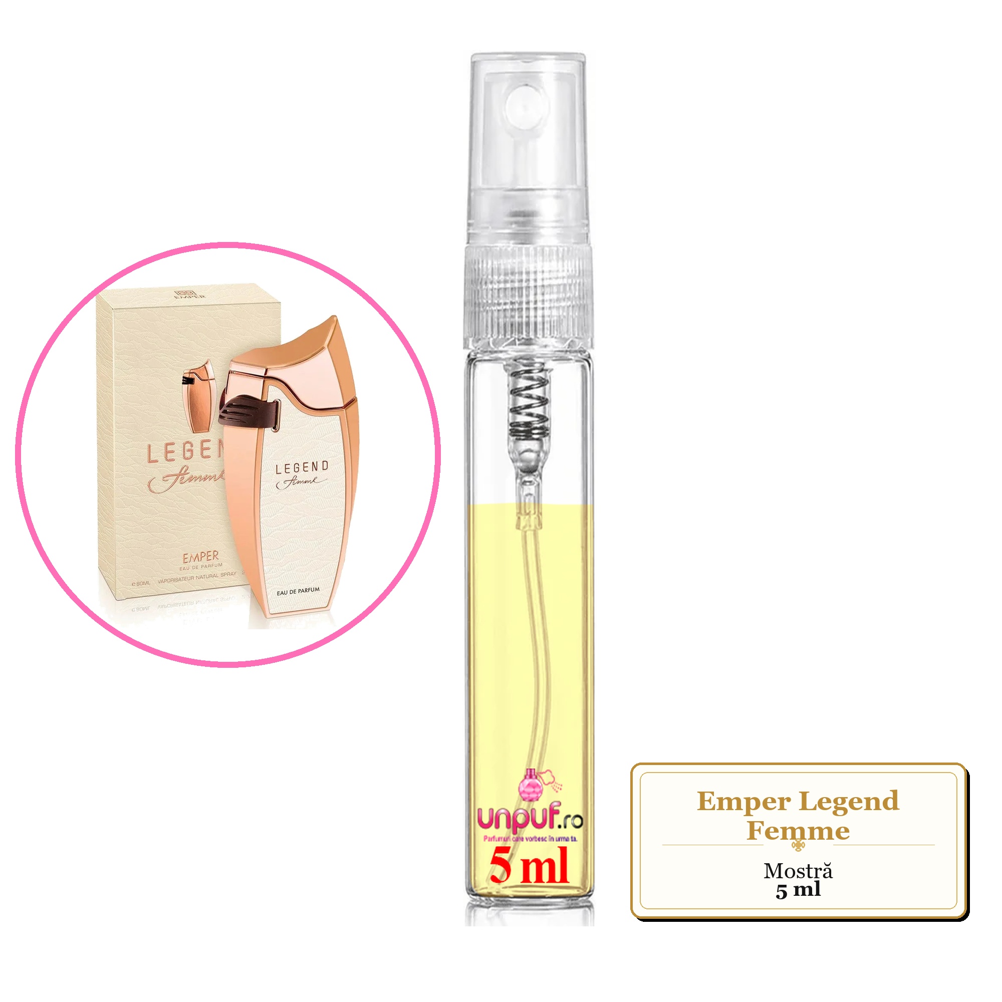 Mostra fiola din Parfumul Emper Legend Femme, decant sticla cu pulverizator 