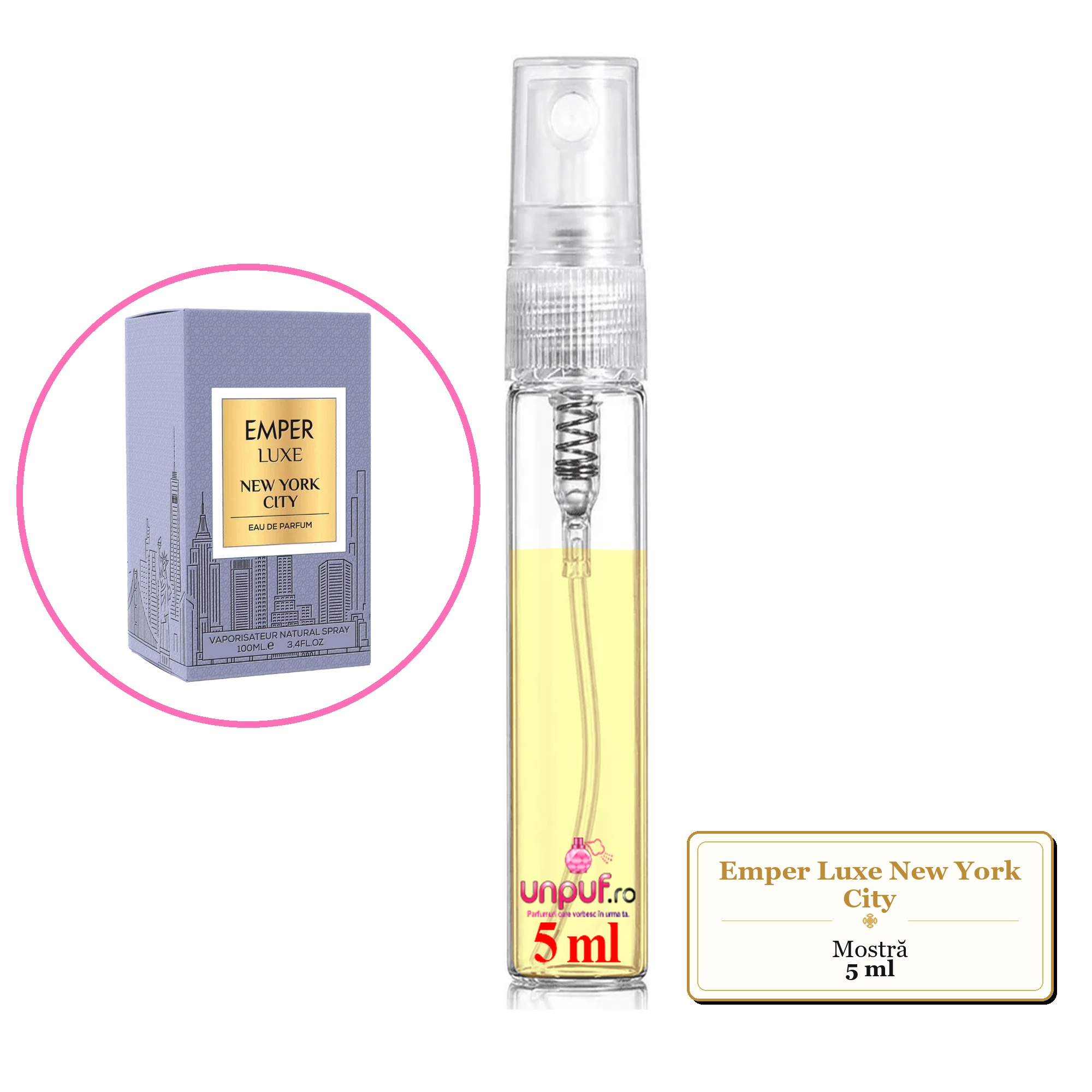 Mostra fiola din Parfumul Emper Luxe New York City, decant sticla cu pulverizator