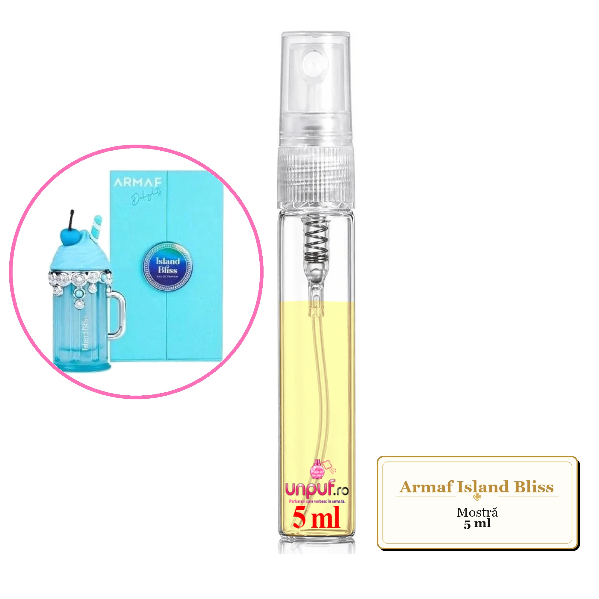 Mostra fiola din Parfumul Armaf Island Bliss, decant sticla cu pulverizator